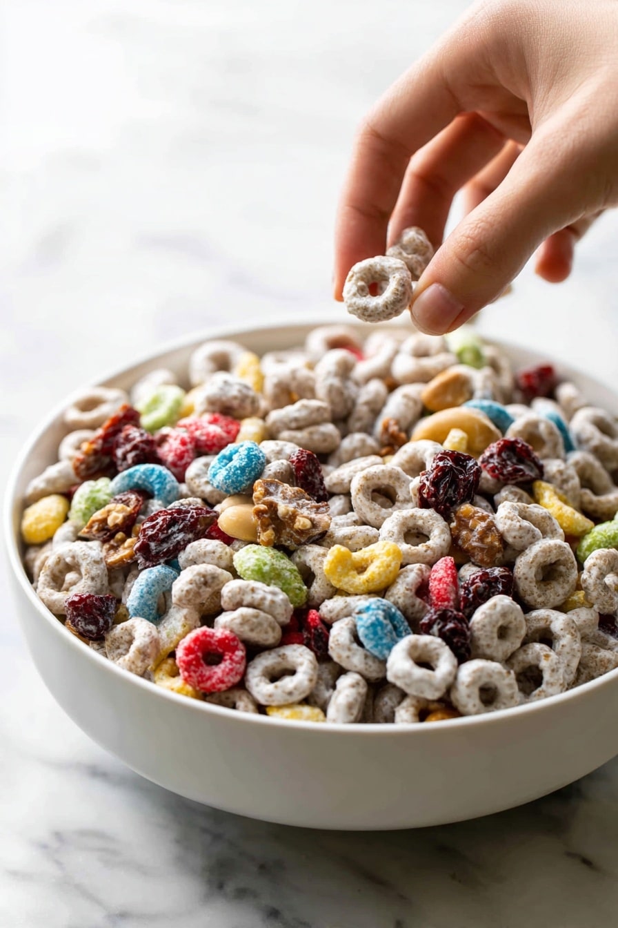 A close-up view of a woman's hand holding a cluster of popcorn mixed with colorful candy-coated pieces, showing a textured combination of white popcorn and bright red, blue, green, yellow, and orange candies scattered throughout. The background is filled with more of the same popcorn and candy mix, creating a soft, blurry colorful pattern with white popped kernels and shiny candy pieces. The scene rests on a white marbled surface. photo taken with an iphone --ar 2:3 --v 7 - White Chocolate Snack Mix, White Chocolate Snack Mix recipe, sweet salty snack mix, easy holiday treat, quick party snack