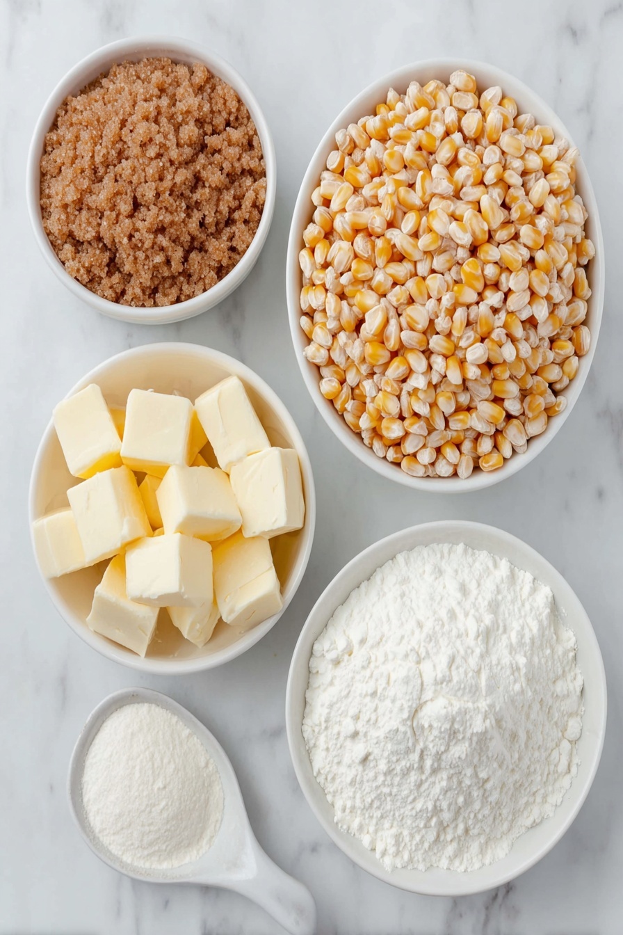 Flat lay of a large pile of natural, twisted puff corn kernels, a small white ceramic bowl filled with golden unsalted butter chunks, a small white ceramic bowl heaped with moist packed brown sugar, a small white ceramic bowl containing clear, thick corn syrup, and a white ceramic spoon resting beside a small mound of fine white baking soda powder, all arranged with perfect symmetry on a clean white marble surface, soft natural light, photo taken with an iPhone, professional food photography style, fresh ingredients, white ceramic bowls, no bottles, no duplicates, no utensils, no packaging --ar 2:3 --v 7 --p m7354615311229779997 - Caramel Puff Corn Snack, caramel puff corn, sweet and salty snack, homemade caramel popcorn, easy puff corn treat