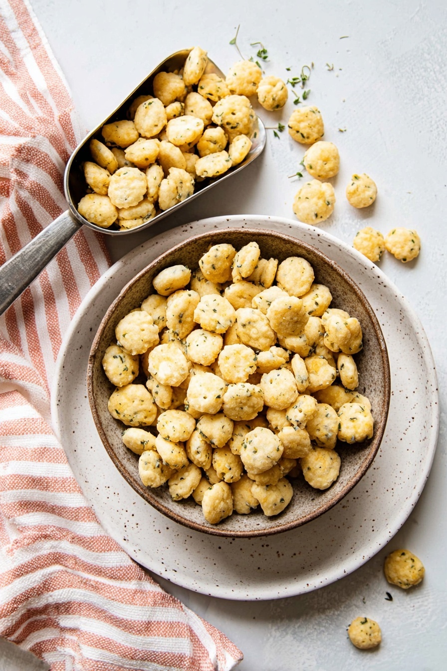 A rustic brown bowl is filled with small, light golden, bite-sized crackers speckled with green herbs, sitting on a white plate with a subtle speckled pattern. Some crackers spill over the bowl's edge onto the plate and white marbled tabletop below. To the left, a metal scoop full of the same crackers rests on a soft cloth with wide pink and white stripes. The scene has a bright, clean, natural light look. Photo taken with an iphone --ar 2:3 --v 7 - Ranch Oyster Crackers, Easy snack recipes, Party snack ideas, No-bake cracker snacks, Savory snack recipes