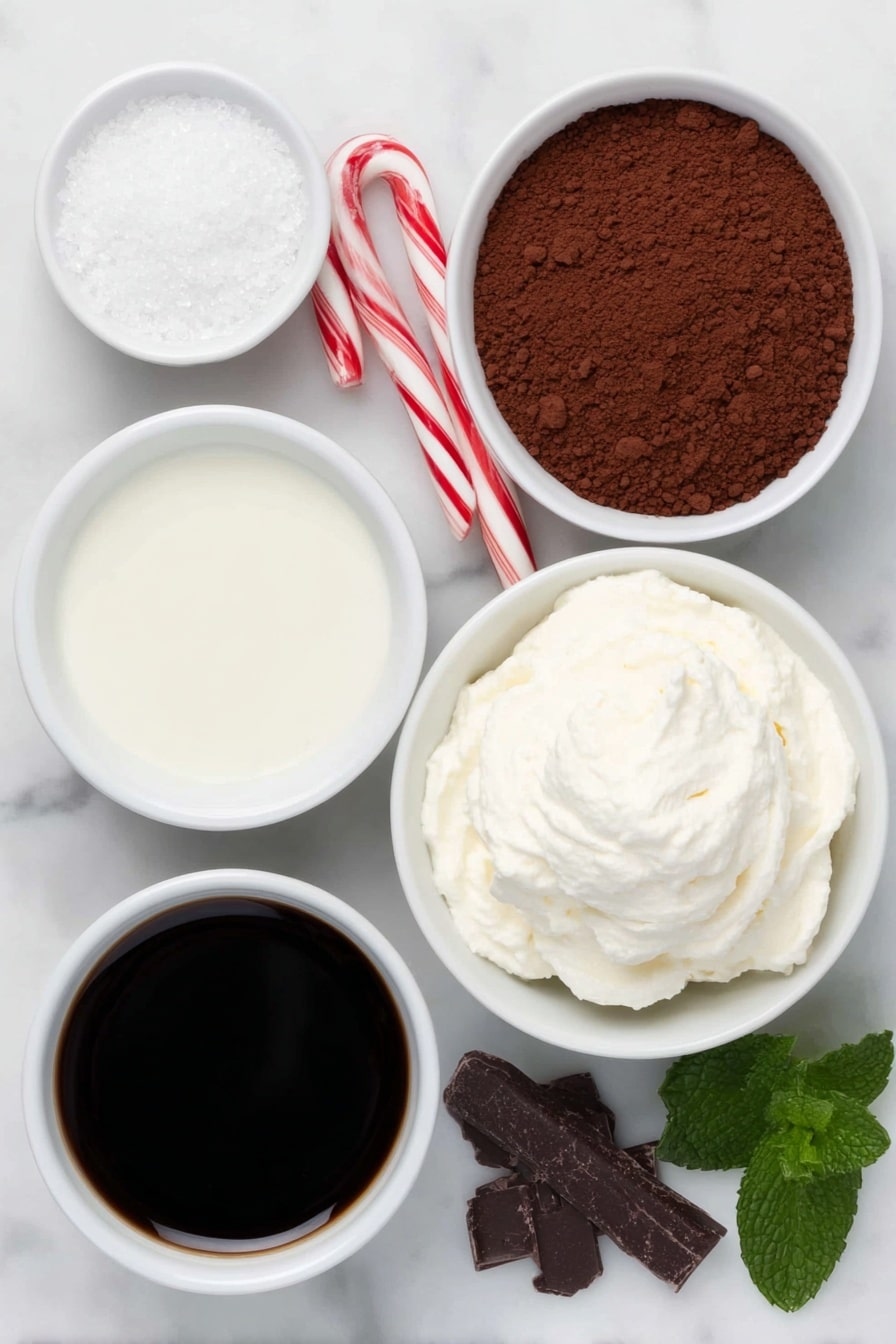 Flat lay of a small white ceramic bowl with whole fresh milk, a small white ceramic bowl filled with granulated white sugar, a small white ceramic bowl containing rich unsweetened cocoa powder, a small white ceramic bowl with dark brewed espresso, a fresh green peppermint candy cane, a small white ceramic bowl with clear vanilla extract, a dollop of fluffy whipped cream on a simple white ceramic plate, and a few delicate chocolate shavings scattered nearby, all arranged with perfect symmetry, placed on a clean white marble surface, soft natural light, photo taken with an iPhone, professional food photography style, fresh ingredients, white ceramic bowls, no bottles, no duplicates, no utensils, no packaging --ar 2:3 --v 7 --p m7354615311229779997 - Homemade Peppermint Mocha, peppermint mocha, gluten-free mocha drink, easy holiday coffee, festive chocolate mint beverage