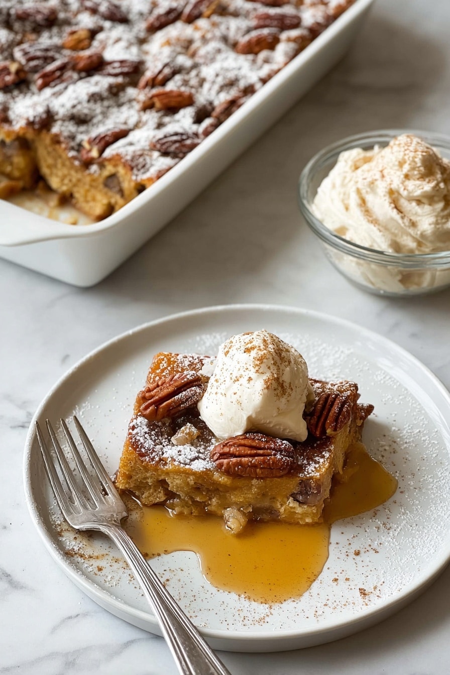 A white plate sits on a white marbled surface holding a square piece of bread pudding with visible chunks of brown pecans inside, topped with a light brown dollop of whipped cream sprinkled with cinnamon and two whole pecan halves, all resting in a pool of golden syrup that has spread slightly around the dessert. A silver fork lies next to the bread pudding on the plate. In the top right, part of a white rectangular baking dish filled with more bread pudding dusted with powdered sugar and topped with pecans is visible. A clear glass bowl filled with light brown whipped cream sprinkled with cinnamon sits to the right of the plate. photo taken with an iphone --ar 2:3 --v 7 - Overnight French Toast Casserole with Maple Cinnamon Whipped Cream, easy breakfast casserole, crowd-pleasing brunch recipes, make-ahead French toast, decadent breakfast ideas