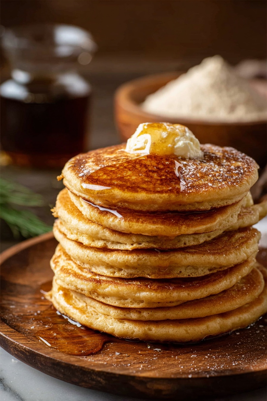 A stack of six golden brown pancakes is placed on a round wooden plate. On the top pancake, there is a melting dollop of butter with syrup slowly dripping down the sides of the stack. In the background, there is a glass of dark syrup and a bowl of flour, all set against a warm brown backdrop. The whole scene sits on a white marbled surface. photo taken with an iphone --ar 2:3 --v 7 - Gingerbread Pancakes with Warm Spices, gingerbread pancake recipe, holiday breakfast ideas, cozy breakfast recipes, festive pancake recipes