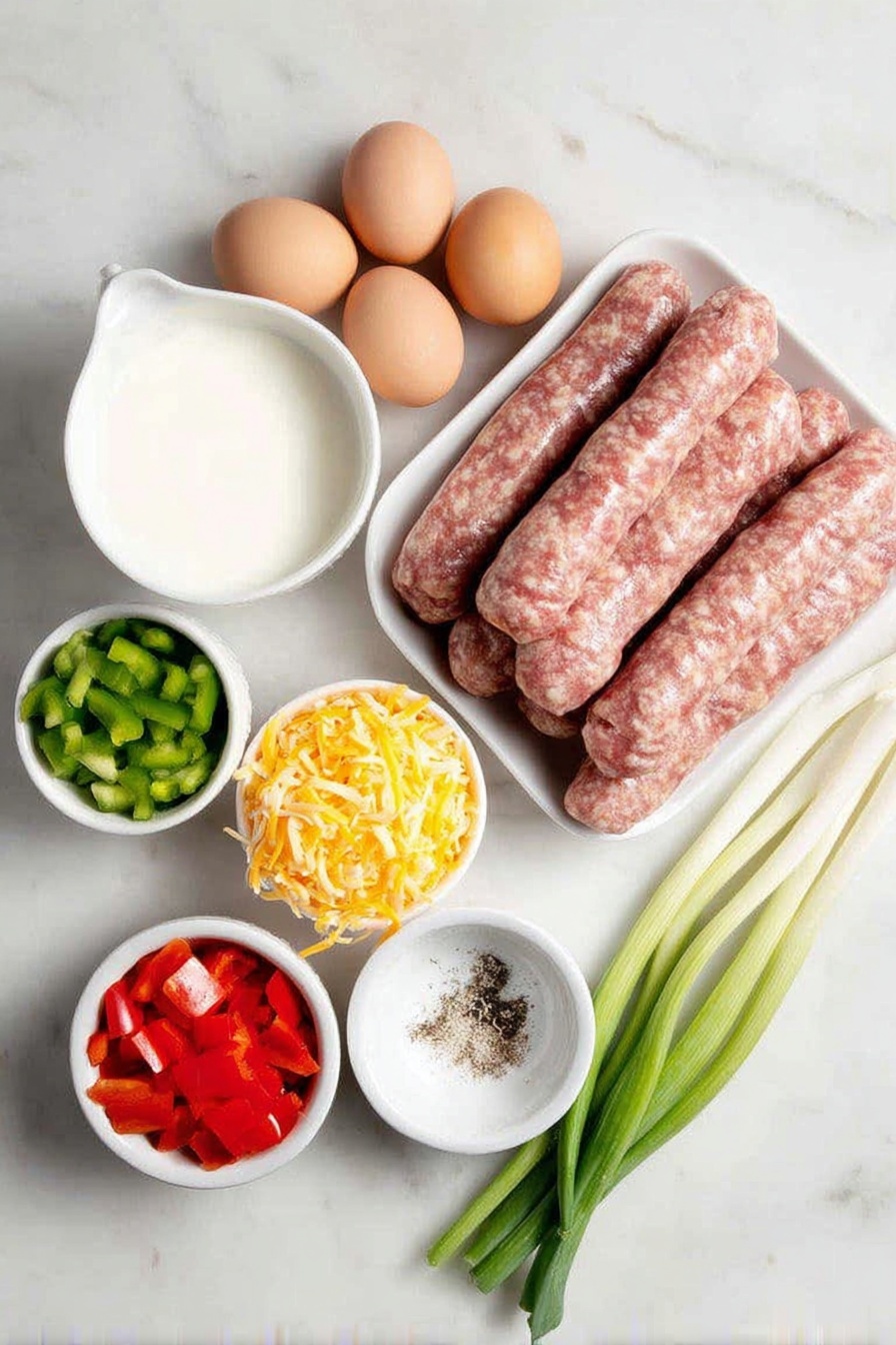 Flat lay of raw pork sausage links arranged loosely, a dozen whole uncracked brown eggs, a small white ceramic bowl of thick sour cream, a small white ceramic bowl filled with milk, a few sprigs of fresh green onions with vibrant white bulbs, half a green bell pepper diced into small cubes, half a red bell pepper diced into small cubes, a small white ceramic bowl filled with shredded bright orange cheddar cheese, a small white ceramic bowl containing kosher salt crystals, a small white ceramic bowl with coarse ground black pepper placed symmetrically around the ingredients, all placed on a clean white marble surface, soft natural light, photo taken with an iPhone, professional food photography style, fresh ingredients, white ceramic bowls, no bottles, no duplicates, no utensils, no packaging --ar 2:3 --v 7 --p m7354615311229779997 - Sausage Egg Breakfast Casserole, breakfast casserole, cheesy breakfast bake, easy brunch recipe, hearty breakfast ideas