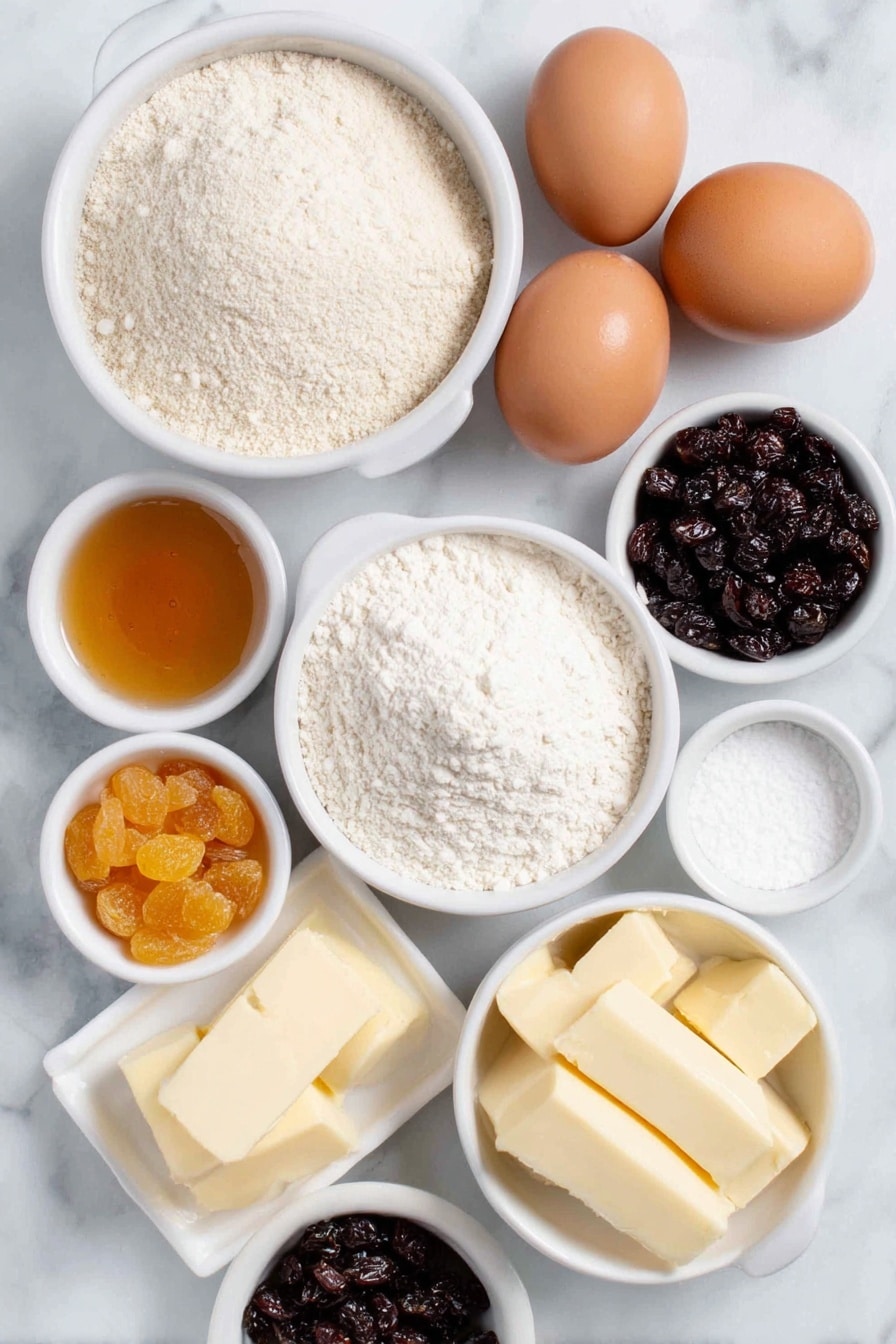 Flat lay of a small bowl of warm water, a small mound of instant yeast granules, two whole brown eggs with clean shells, two whole egg yolks in a white ceramic bowl, a small white bowl of golden honey, a small white bowl of vanilla extract, a small white bowl of fine salt, a small pile of smooth bread flour, a few slices of soft pale yellow butter, a small heap of plump dark raisins, a small pile of bright orange candied orange peel, a small cluster of dark red dried cranberries, a small bunch of tiny dried currants, and a few strands of fresh lemon zest, all arranged symmetrically in simple white ceramic bowls and dishes -- placed on a clean white marble surface, soft natural light, photo taken with an iPhone, professional food photography style, fresh ingredients, white ceramic bowls, no bottles, no duplicates, no utensils, no packaging --ar 2:3 --v 7 --p m7354615311229779997 - Easy Italian Panettone, Italian panettone baking, holiday Italian bread, fluffy fruit-studded bread, homemade panettone