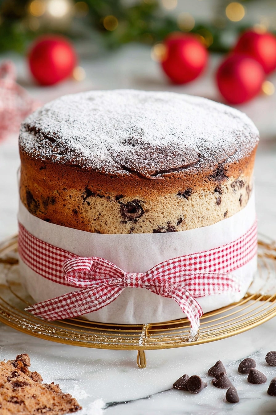 A tall, round cake with two main layers is shown. The bottom layer is darker brown with a firm texture, wrapped in white paper that is tied with a red and white checkered ribbon around the middle. The top layer is lighter brown with dark spots and a cracked surface. The top is dusted with white powdered sugar, making it look soft and fluffy. The cake sits on a round gold wire rack on a white marbled surface. There are scattered dark chocolate chips and a dusting of powdered sugar nearby, with blurred festive red balls in the background. Photo taken with an iphone --ar 2:3 --v 7 - Easy Italian Panettone, Italian panettone baking, holiday Italian bread, fluffy fruit-studded bread, homemade panettone