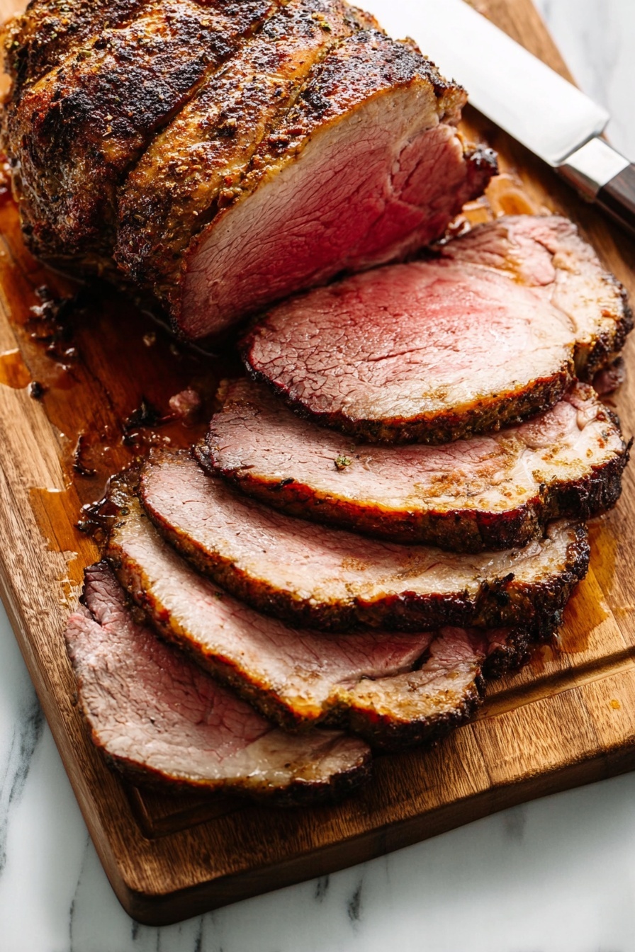 The image shows a piece of cooked beef roast placed on a wooden board with a knife resting next to it. The roast has been sliced into six pieces, each slice showing a layer of pinkish-red cooked meat in the center, surrounded by a light brown, slightly fatty outer edge with a textured, seared dark crust. The slices are arranged overlapping each other, starting from the right side of the roast, with the uncut portion visible on the lower left. The wooden board holds some meat juices near the sliced pieces. The surface beneath the board has a white marbled texture. photo taken with an iphone --ar 2:3 --v 7 - Perfect Garlic Herb Prime Rib, garlic herb prime rib, prime rib recipe, savory roast beef, holiday prime rib