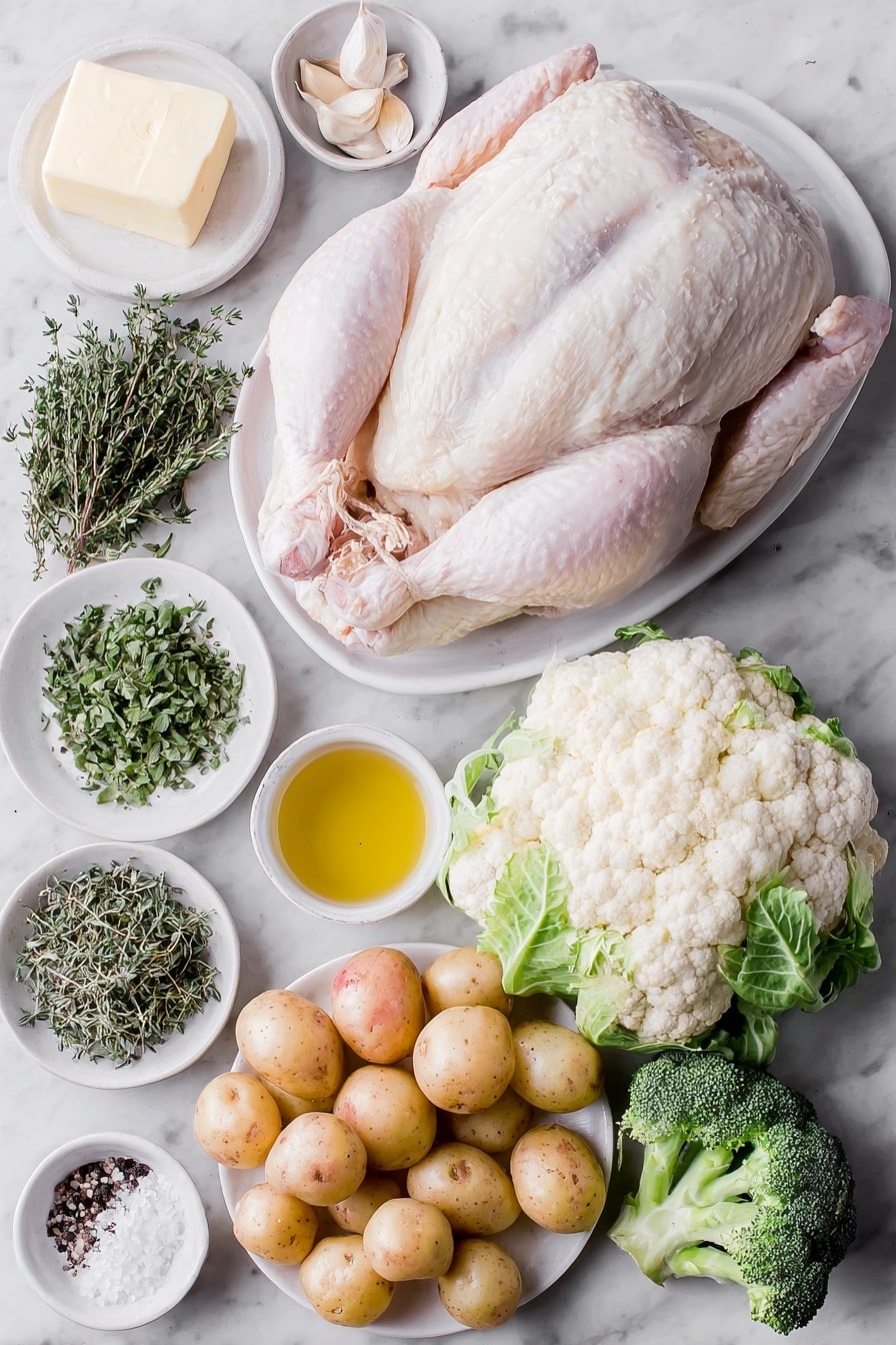 Flat lay of a whole fresh broiler-fryer chicken with clean skin, a small mound of softened unsalted butter, a small white bowl filled with golden maple syrup, three whole garlic cloves, a small pile of chopped fresh oregano leaves, a small pile of chopped fresh thyme leaves, a small white bowl of coarse salt, a small white bowl of freshly ground black pepper, one small lemon cut into four wedges, four fresh thyme sprigs, four fresh oregano sprigs, a cluster of bright red cherry tomatoes, a heap of quartered baby potatoes with natural skin, one large yellow onion cut into eight wedges, a small pile of fresh broccoli florets, a small pile of fresh cauliflower florets, a small white bowl of golden olive oil, all arranged with perfect symmetry on simple white ceramic plates and bowls, placed on a clean white marble surface, soft natural light, photo taken with an iPhone, professional food photography style, fresh ingredients, white ceramic bowls, no bottles, no duplicates, no utensils, no packaging --ar 2:3 --v 7 --p m7354615311229779997 - Maple Butter Roast Chicken, maple butter chicken, easy roast chicken recipes, juicy roasted chicken with glaze, comfort food chicken dish