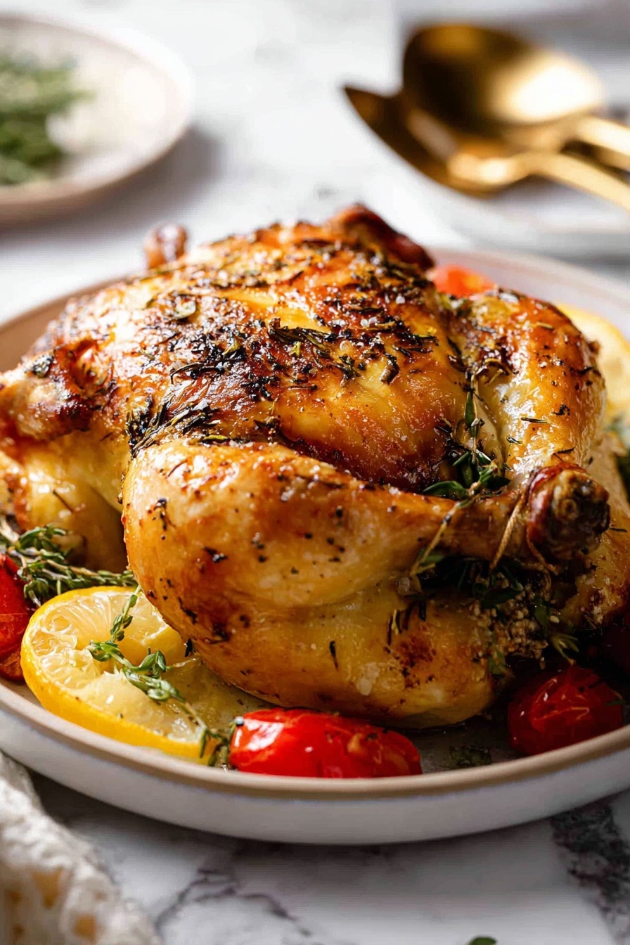 A whole golden roasted chicken sits in the center of a white plate, with crispy skin seasoned with herbs and black pepper. The chicken is laid on lemon slices, with bright red cherry tomatoes and green herb sprigs scattered around it. The plate rests on a white marbled surface, with blurred golden utensils in the background. The lighting highlights the juicy and crispy texture of the chicken’s skin. photo taken with an iphone --ar 2:3 --v 7 - Maple Butter Roast Chicken, maple butter chicken, easy roast chicken recipes, juicy roasted chicken with glaze, comfort food chicken dish