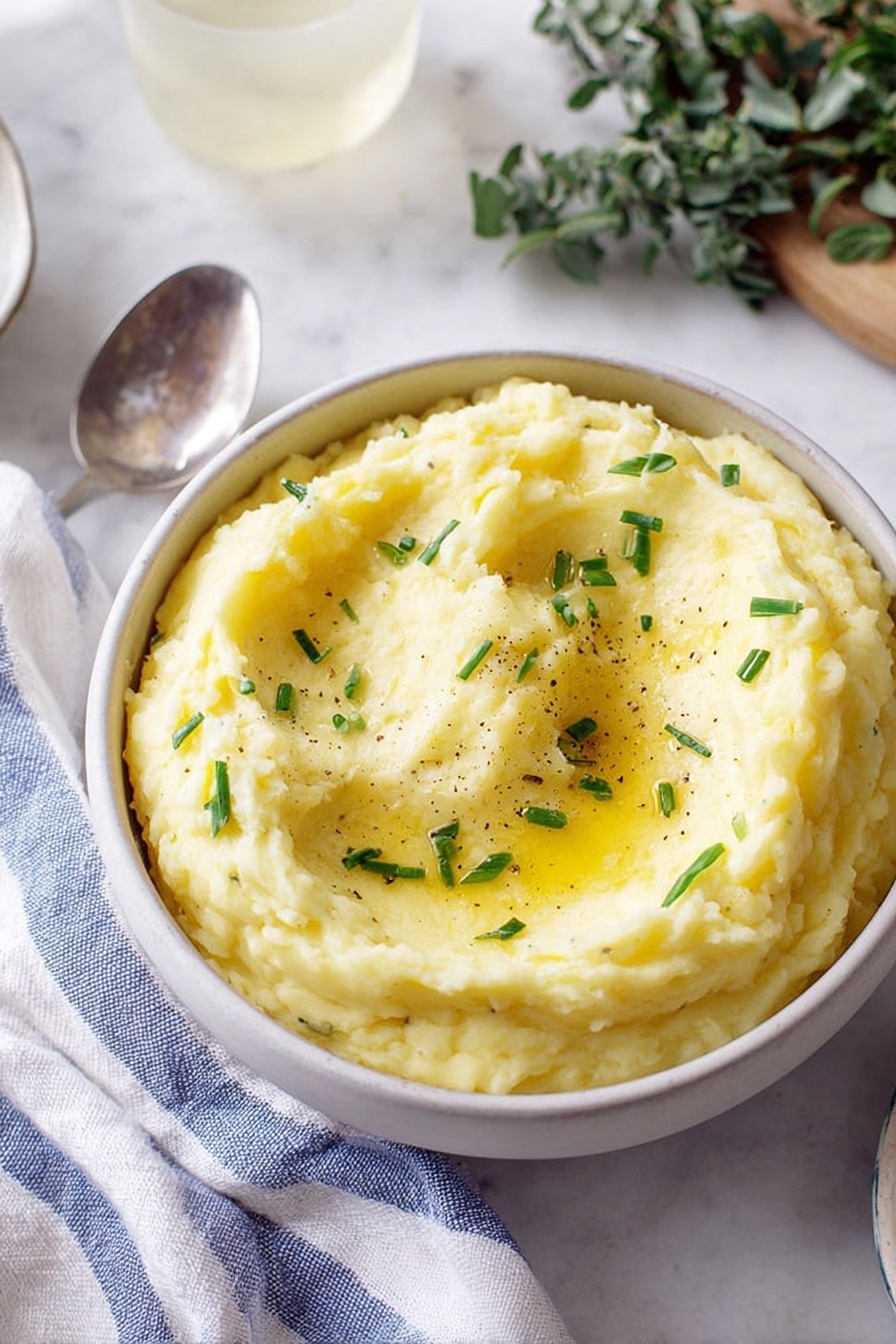 A white bowl filled with creamy mashed potatoes that have a smooth, slightly textured surface. The mashed potatoes are pale yellow, sprinkled evenly with small green chive pieces and a few specks of black pepper on top, creating tiny dots of color contrast. The bowl is placed on a white marbled surface with a white and blue striped cloth napkin next to it, a silver spoon nearby, and some green leaves and a light-colored drink in the background. The lighting is soft and natural, highlighting the creamy texture of the mashed potatoes. Photo taken with an iphone --ar 2:3 --v 7 - Creamy Roasted Garlic Mashed Potatoes, roasted garlic mashed potatoes, comfort side dish recipes, easy garlic mashed potatoes, holiday side dish ideas