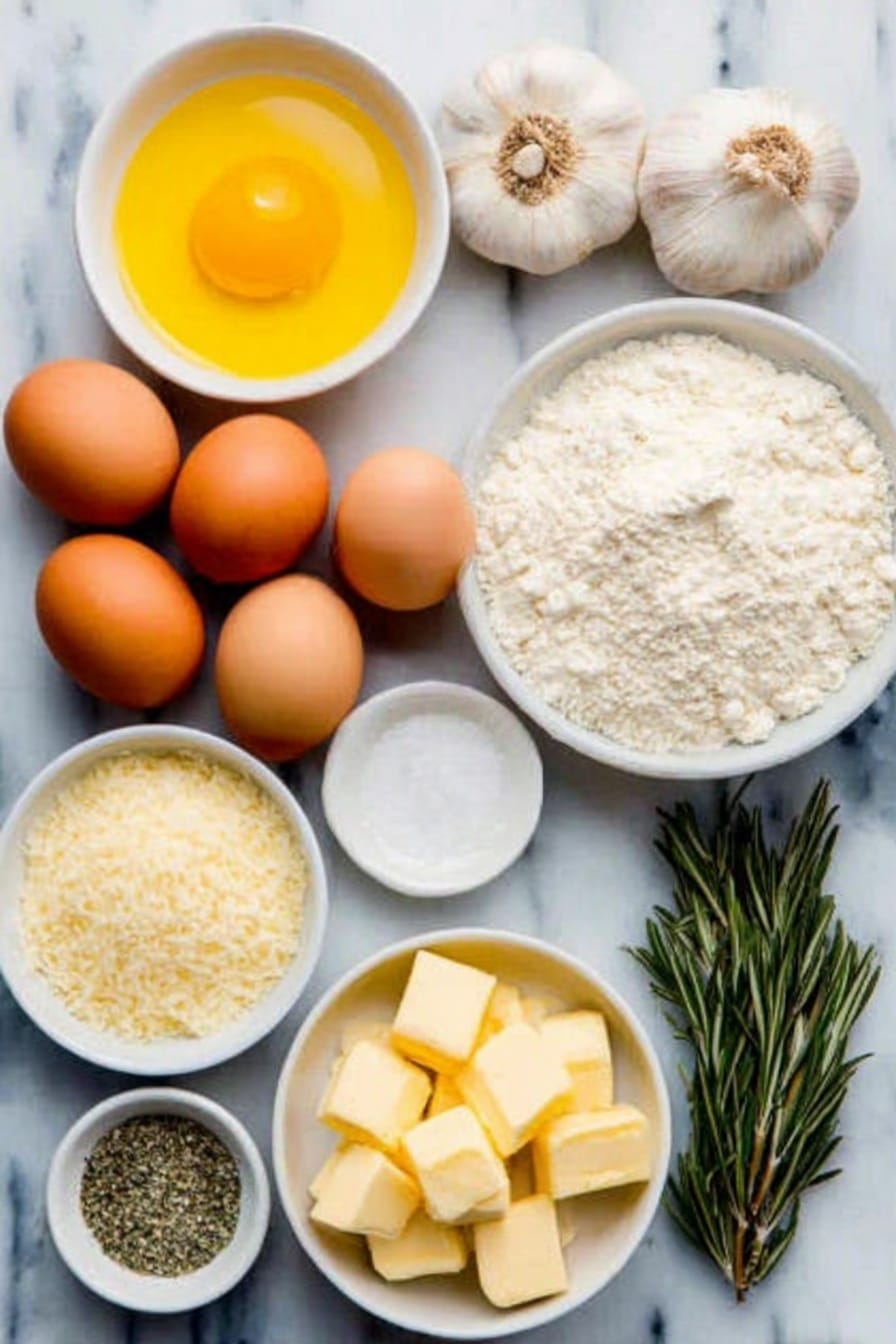 Flat lay of two whole heads of garlic, a small white bowl of golden olive oil, a small white bowl of fine white salt, a small white bowl filled with white all-purpose flour, a small white bowl with granulated sugar, a small white bowl of beige active dry yeast granules, a small white bowl of creamy whole milk, a small white bowl of pale unsalted butter cubes, a small white bowl of clear water, a small white bowl with dried green basil leaves, a small white bowl with dried oregano, a small white bowl with dried rosemary, a small white bowl of fine garlic powder, two whole uncracked large brown eggs, a small white bowl of finely grated pale parmesan cheese, all ingredients arranged symmetrically on a clean white marble surface, soft natural light, photo taken with an iPhone, professional food photography style, fresh ingredients, white ceramic bowls, no bottles, no duplicates, no utensils, no packaging --ar 2:3 --v 7 --p m7354615311229779997 - Garlic Parmesan Pull-Apart Bread, cheesy garlic bread, pull-apart bread recipe, easy garlic bread, herb and Parmesan bread