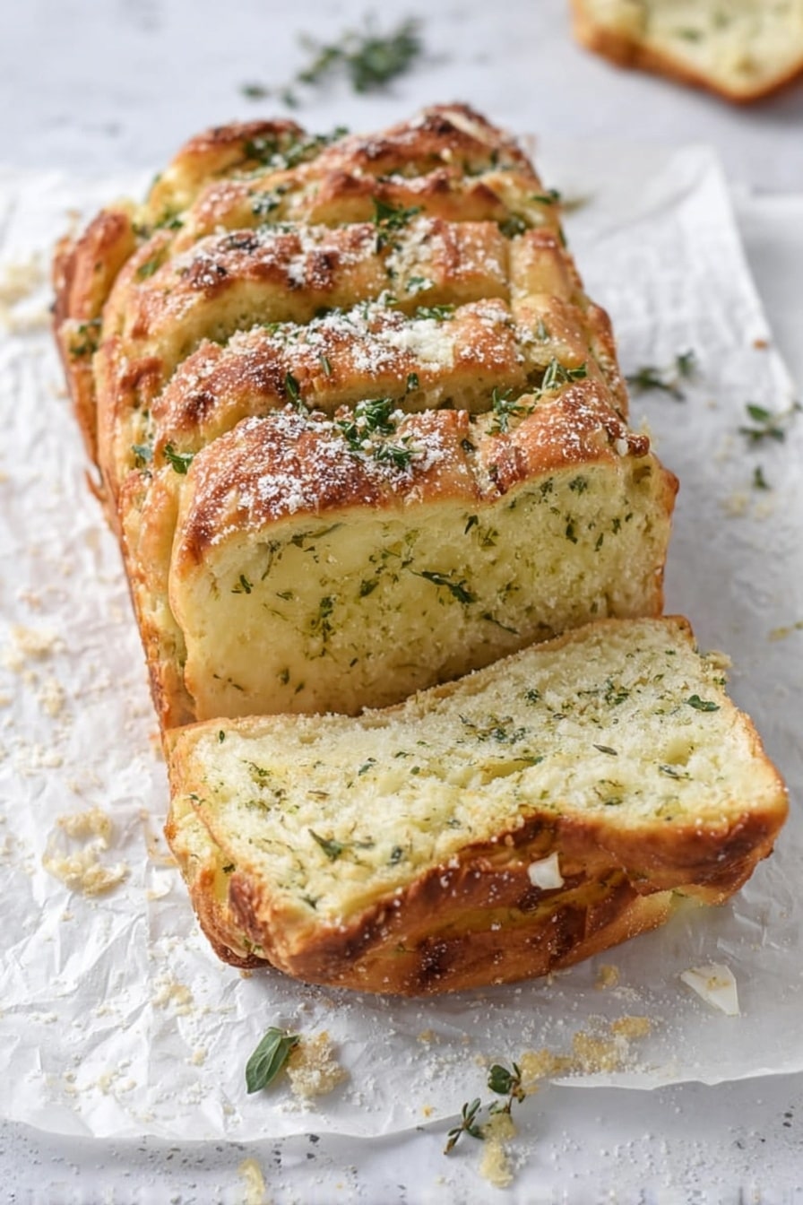 The image shows a loaf of herb garlic bread with several layers. The bread is sliced into thick pieces, exposing soft, light yellow-green layers inside that show herbs sprinkled throughout. The top layer is golden brown and slightly crispy with a dusting of white powder, likely cheese or seasoning, and small green herb leaves scattered over it. The bread rests on white parchment paper, which is on a white marbled surface, giving a clean and bright look. Small herb leaves and crumbs are scattered around the bread, adding a natural and fresh touch. Photo taken with an iphone --ar 2:3 --v 7 - Garlic Parmesan Pull-Apart Bread, cheesy garlic bread, pull-apart bread recipe, easy garlic bread, herb and Parmesan bread