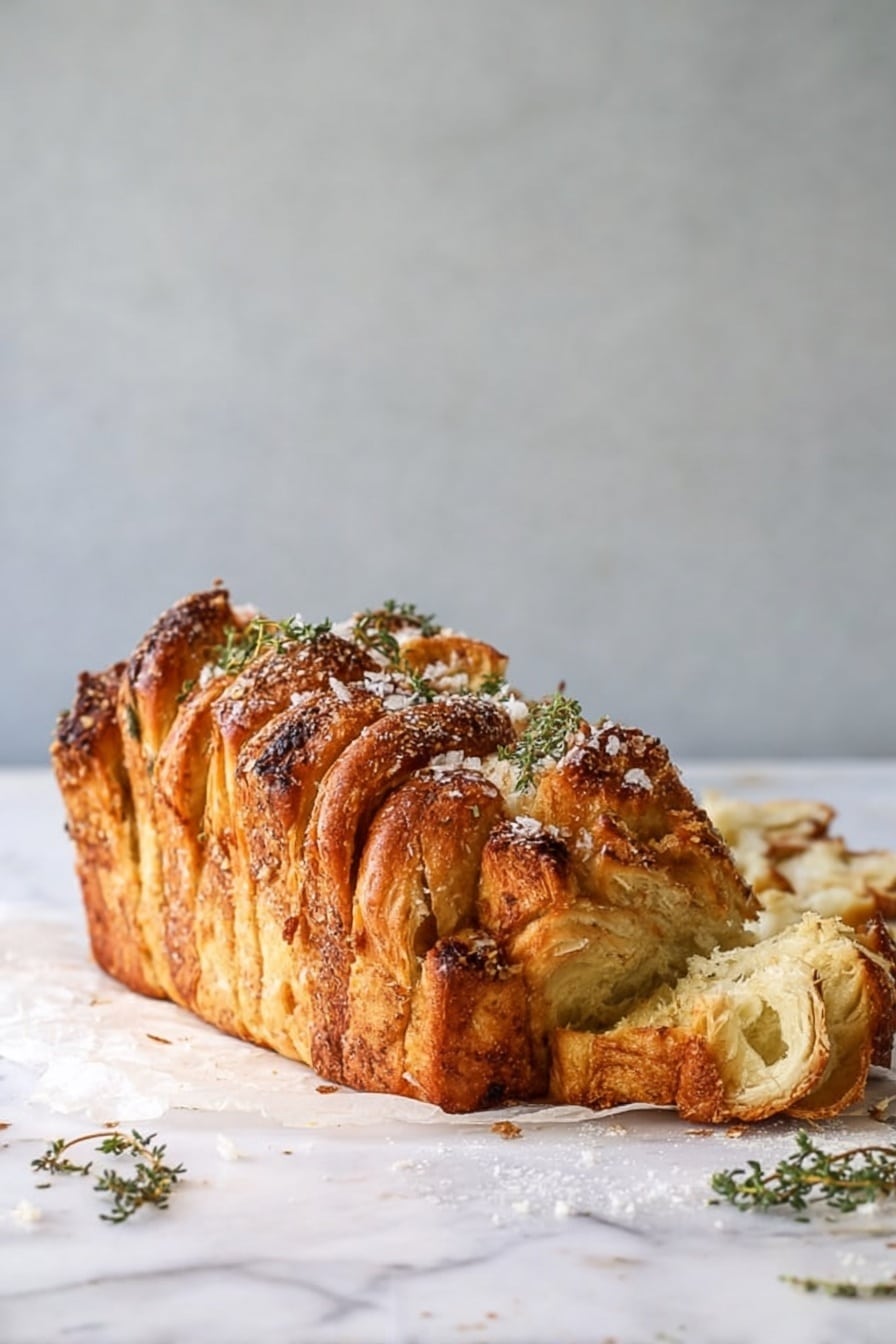 The image shows a loaf of pull-apart bread standing on white parchment paper over a white marbled surface. The loaf has several tall, thick layers of golden-brown bread with some darker spots from seasoning or herbs baked throughout. The top is sprinkled with coarse salt and small green herbs. A few pieces of bread are pulled away from the loaf on the right side, revealing soft, light-colored, fluffy inside layers. Some loose flour and herb sprigs are scattered around the bread. The background is a simple, light grey wall. Photo taken with an iphone --ar 2:3 --v 7 - Garlic Parmesan Pull-Apart Bread, cheesy garlic bread, pull-apart bread recipe, easy garlic bread, herb and Parmesan bread
