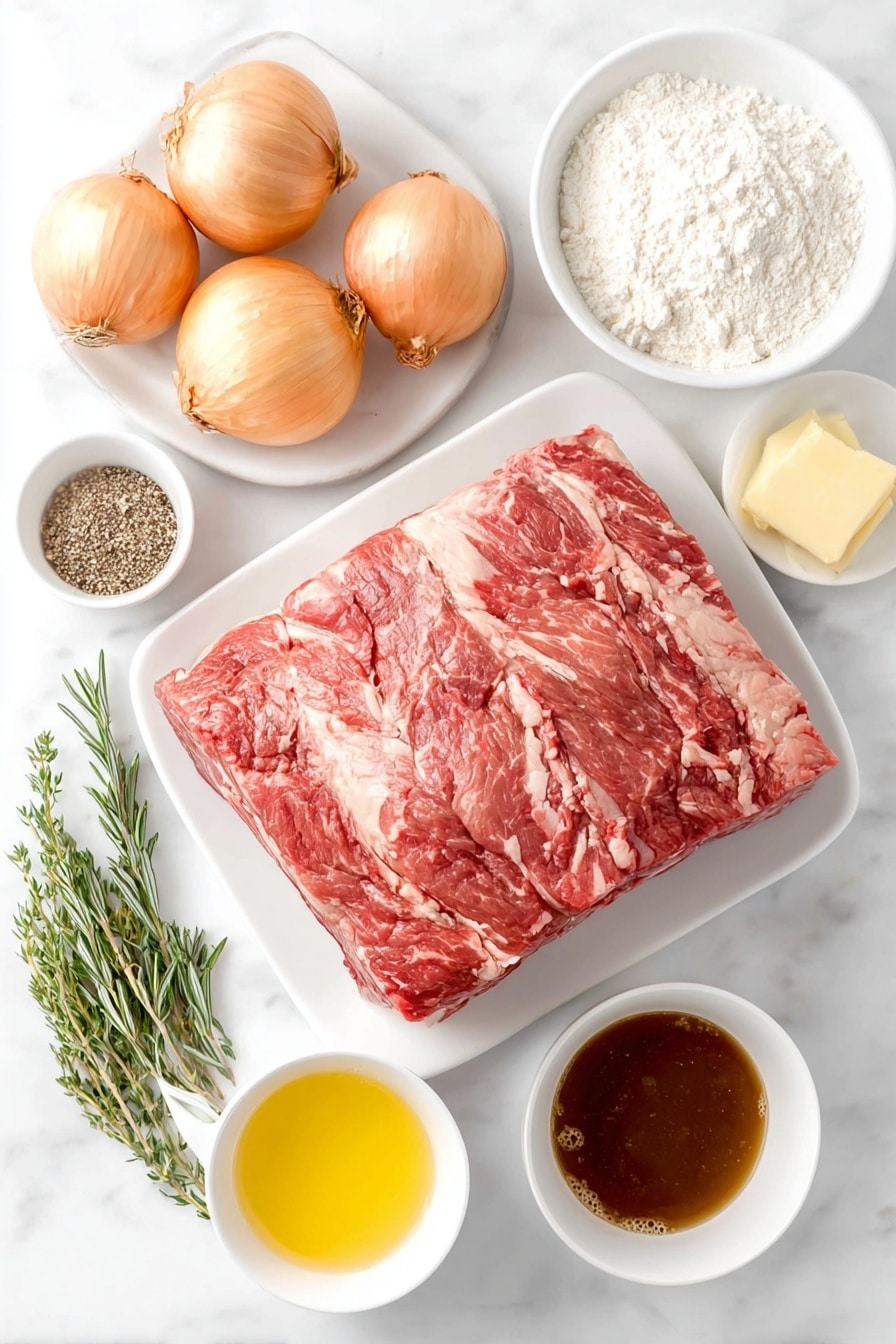 Flat lay of a large raw boneless prime rib roast with rich marbling, a small cluster of whole brown garlic cloves, one fresh shallot bulb slightly larger than a golf ball, a few sprigs of fresh rosemary, a small bunch of fresh thyme, a small pile of ground black pepper, a pinch of coarse kosher salt crystals, a small wedge of pale creamy unsalted butter, a small white ceramic bowl with pale yellow lemon juice, another small white bowl with golden beef drippings, a small white bowl filled with all-purpose flour, and a small white bowl holding dark rich beef stock, all arranged in perfect symmetry on a simple white ceramic plate and bowls, placed on a clean white marble surface, soft natural light, photo taken with an iPhone, professional food photography style, fresh ingredients, white ceramic bowls, no bottles, no duplicates, no utensils, no packaging --ar 2:3 --v 7 --p m7354615311229779997 - Garlic Herb Butter Prime Rib, prime rib roast with garlic and herbs, best prime rib recipe, holiday prime rib, juicy prime rib dinner