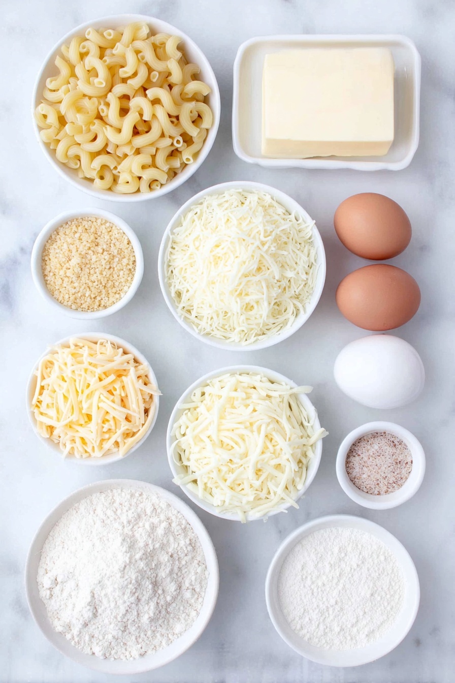 Flat lay of uncooked elbow macaroni pasta scattered neatly, a few whole unsalted butter sticks with smooth, creamy texture, a small white ceramic bowl filled with golden panko breadcrumbs, a small white bowl holding finely shredded pale yellow gruyere cheese, another small white bowl with mixed shredded cheddar and Colby cheeses showing soft orange and creamy white hues, a separate small white bowl with shredded white mozzarella cheese, a small white ceramic bowl containing plain all-purpose flour powder, a small white bowl filled with fresh whole milk, two brown eggs with smooth clean shells placed side by side, a small white bowl containing fine white salt crystals, another small white bowl with light beige garlic powder, a small white bowl with pale beige onion powder, and a small white bowl with subtle yellow mustard powder, all items placed with perfect symmetry and balanced proportions on simple white ceramic bowls, placed on a clean white marble surface, soft natural light, photo taken with an iPhone, professional food photography style, fresh ingredients, white ceramic bowls, no bottles, no duplicates, no utensils, no packaging --ar 2:3 --v 7 --p m7354615311229779997 - Creamy Baked Mac and Cheese, baked mac and cheese with crispy topping, cheesy baked macaroni recipe, indulgent baked mac and cheese, easy comfort food recipes