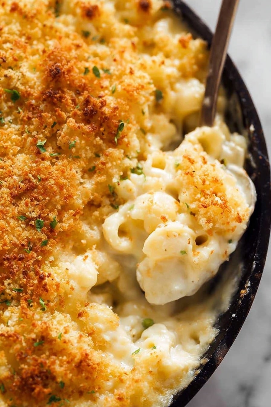 A close-up image of baked macaroni and cheese served in a dark round pan placed on a white marbled surface. The top layer is golden brown crispy breadcrumbs with some small green herb pieces scattered throughout. Below this, a thick creamy white cheese sauce covers macaroni pasta shells, which appear soft and coated in cheese. The spoon is scooping some macaroni from the dish, revealing the smooth melted cheese underneath the crunchy top. The texture contrasts between the crunchy breadcrumb topping and the creamy cheesy pasta inside. Photo taken with an iphone --ar 2:3 --v 7 - Creamy Baked Mac and Cheese, baked mac and cheese with crispy topping, cheesy baked macaroni recipe, indulgent baked mac and cheese, easy comfort food recipes