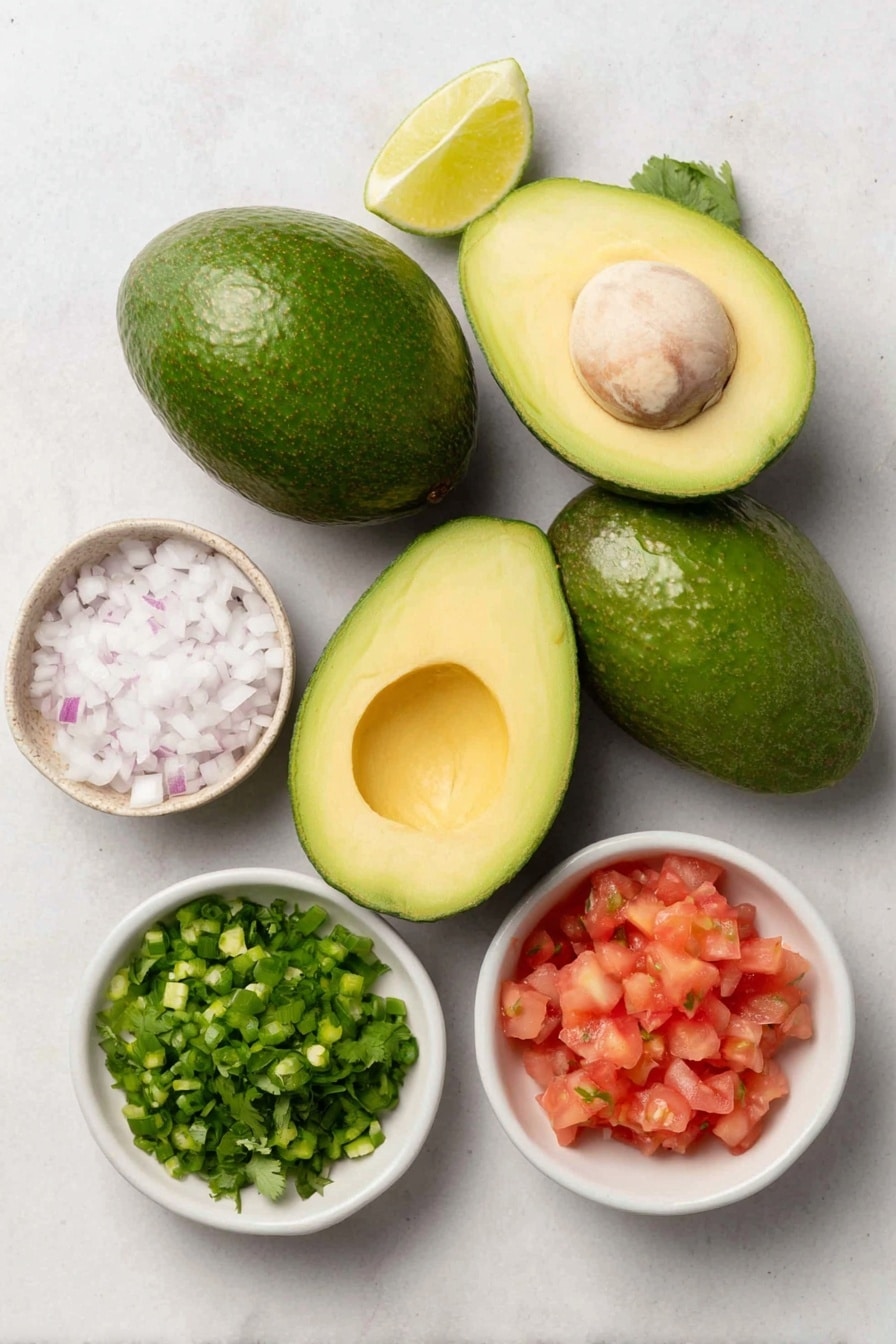 Flat lay of two whole uncracked medium avocados halved to show creamy green flesh, a small white ceramic bowl with finely chopped white onion, a small white bowl with finely chopped green jalapeño chili, a few fresh cilantro sprigs scattered and also roughly chopped in a small white bowl, a small white bowl with coarse sea salt, a halved fresh lime showing juicy pulp, and a ripe peeled, deseeded, chopped tomato in a small white bowl, all arranged symmetrically and balanced on a clean white marble surface, soft natural light, photo taken with an iPhone, professional food photography style, fresh ingredients, white ceramic bowls, no bottles, no duplicates, no utensils, no packaging --ar 2:3 --v 7 --p m7354615311229779997 - Easy Homemade Guacamole, quick guacamole recipe, simple guacamole dip, fresh mexican guacamole, how to make guacamole