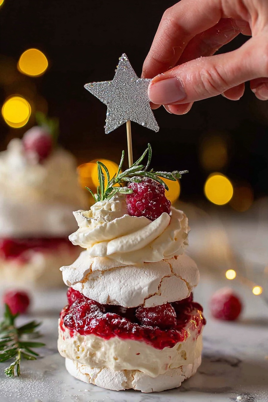 A tall slice of layered cake with four thick, light cream layers alternating with four fluffy white meringue layers, each cream layer has bits of red raspberries mixed inside. Red raspberry sauce drips down the side of the cake, pooling slightly near the bottom. The top is decorated with more cream, a single whole raspberry, and sprigs of green rosemary. The cake sits on a silver tray with a white marbled texture background visible behind. Photo taken with an iphone --ar 2:3 --v 7 - Christmas Pavlova Tree, festive pavlova dessert, holiday Christmas cake, Christmas meringue centerpiece, easy Christmas dessert