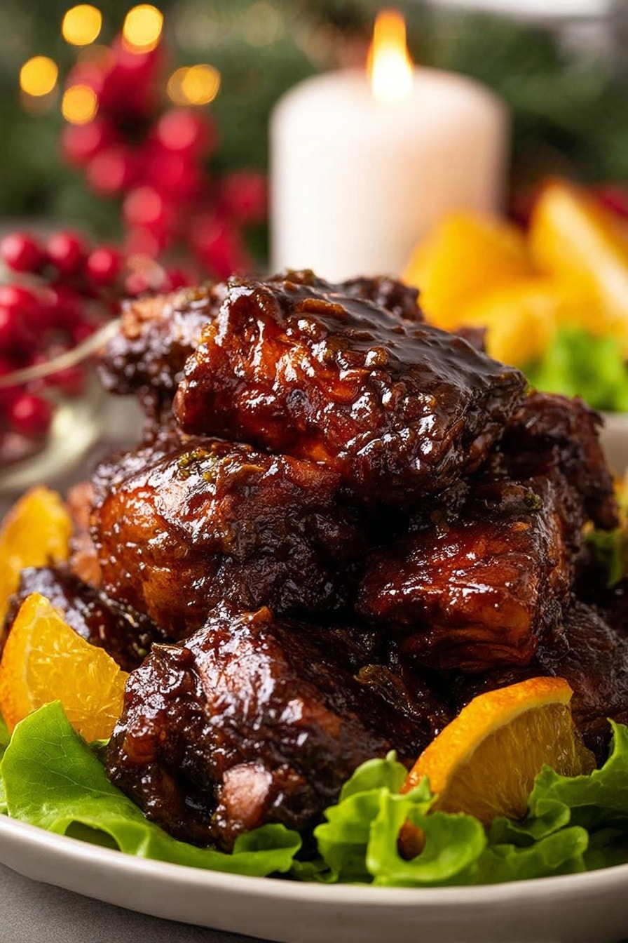 The image shows five pieces of shiny, dark brown glazed chicken on a white baking tray with some sauce pooled around. The chicken pieces are garnished with thin orange peel curls on top and sprinkled around. There are several bright orange slices placed between the chicken pieces, adding color contrast. A cinnamon stick and a star anise are also visible among the chicken. In the top right corner, a baking brush with sauce on its bristles rests partly in the sauce. The background is a white marbled texture. photo taken with an iphone --ar 2:3 --v 7 - Sticky Orange Glazed Christmas Chicken, Christmas Chicken Recipe, Festive Holiday Chicken, Juicy Chicken with Orange Glaze, Holiday Chicken Dinner Ideas