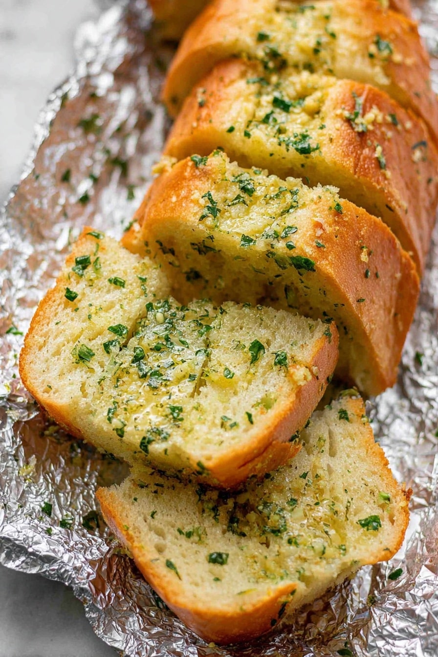 A loaf of garlic bread sliced into several pieces, resting on crinkled foil over a white marbled surface. Each slice shows a soft inside mixed with finely chopped green herbs and melted butter, while the crust is golden brown and shiny. The bread pieces are angled slightly to reveal the texture inside and the herbs spread evenly. photo taken with an iphone --ar 2:3 --v 7 - Homemade Garlic Bread, Garlic Bread Recipe, Easy Garlic Bread, How to Make Garlic Bread, Best Garlic Bread