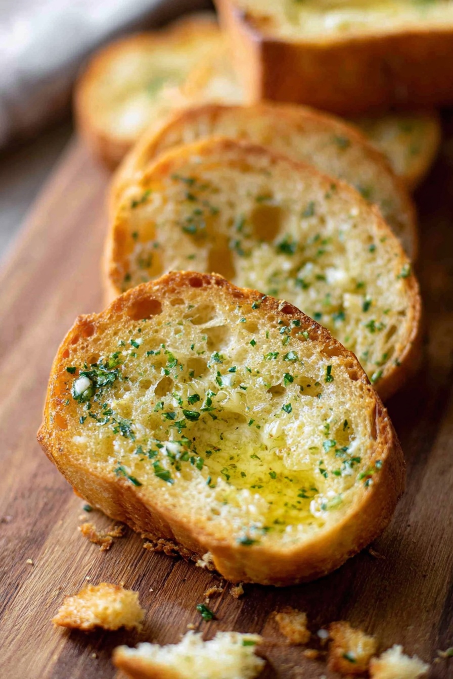 The image shows several slices of toasted bread placed on a wooden board. The bread has a golden brown crust with a soft, light inside full of small holes. Each slice is covered with melted butter mixed with small green herbs, giving a shiny and slightly textured look. The focus is on one slice in the front, where the butter is melting and glistening. There are bread crumbs scattered around on the board, and the background is softly blurred, emphasizing the bread slices. photo taken with an iphone --ar 2:3 --v 7 - Homemade Garlic Bread, Garlic Bread Recipe, Easy Garlic Bread, How to Make Garlic Bread, Best Garlic Bread