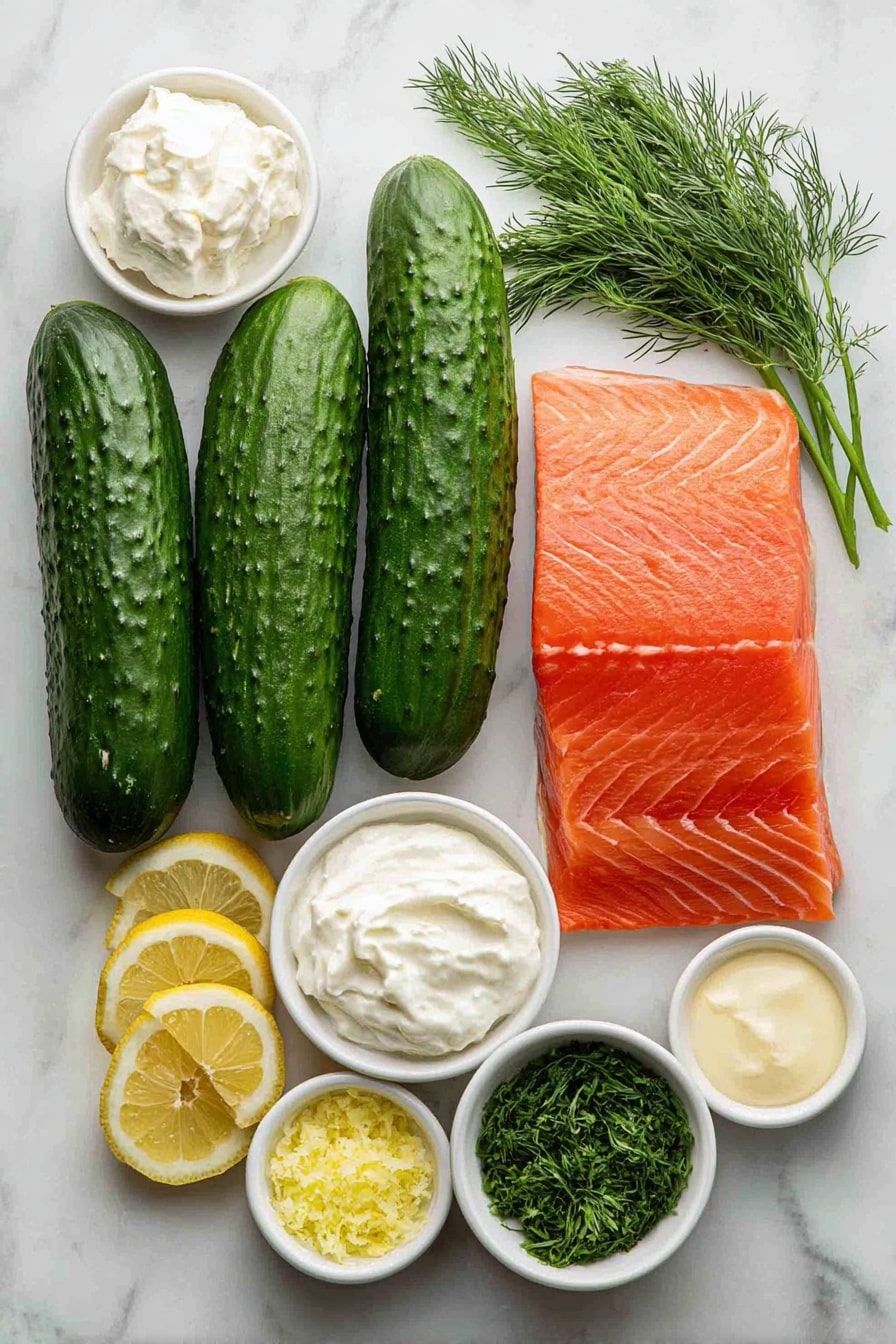 Flat lay of whole long Telegraph cucumbers with dark green skins, a fillet of vibrant orange smoked salmon, a small white bowl of smooth white cream cheese, a small white bowl of thick pale sour cream, a small white bowl of creamy mayonnaise, a small white bowl filled with fresh bright green chopped dill, a single peeled garlic clove, a small white bowl with bright yellow lemon zest, a small white bowl of fresh lemon juice, a few fresh dill sprigs, and thin lemon slices arranged symmetrically on a clean white marble surface, soft natural light, photo taken with an iPhone, professional food photography style, fresh ingredients, white ceramic bowls, no bottles, no duplicates, no utensils, no packaging --ar 2:3 --v 7 --p m7354615311229779997 - Smoked Salmon Cucumber Canapés, smoked salmon appetizer, cucumber canapés, smoked salmon finger food, light elegant appetizer