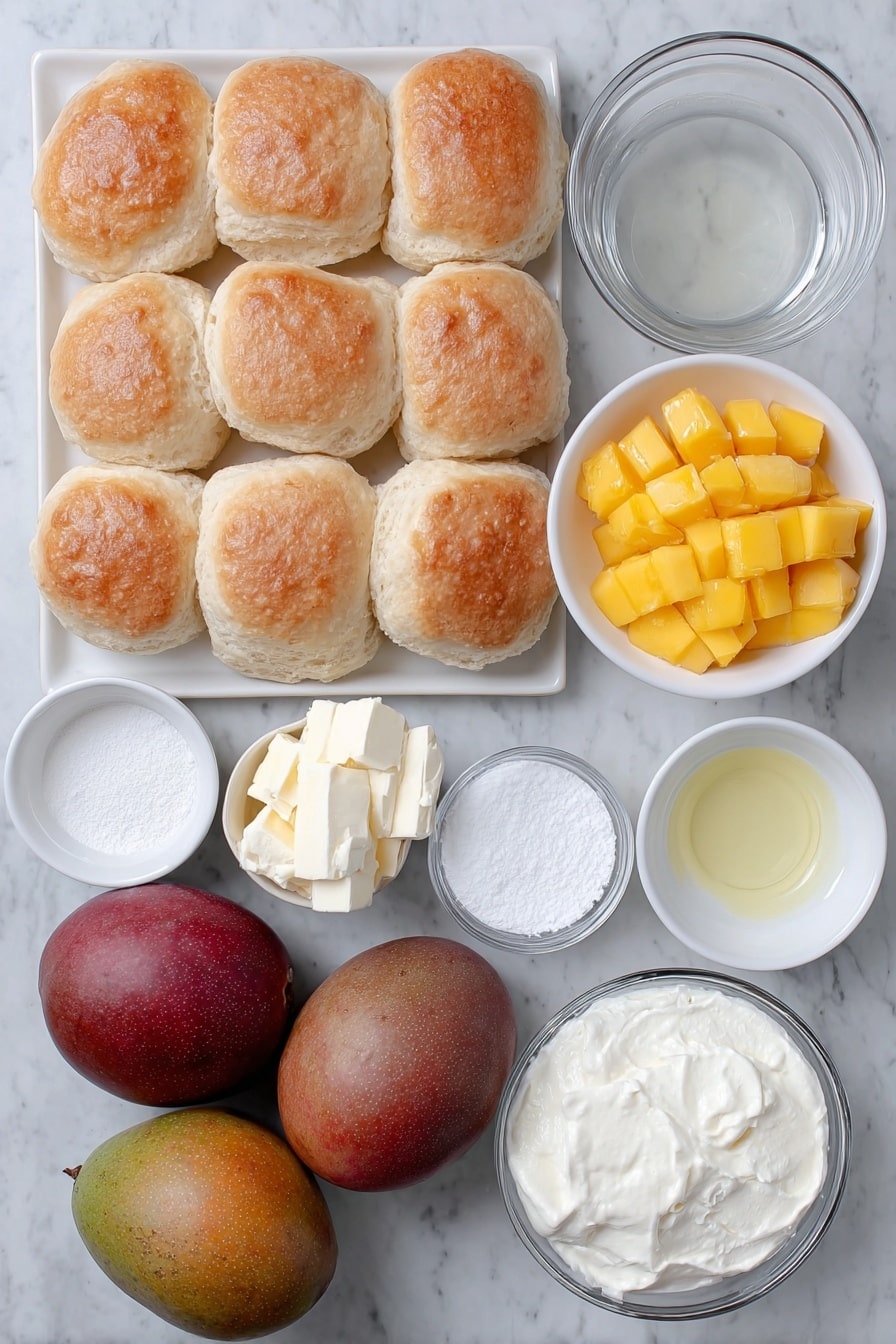 Flat lay of a neat stack of seventeen golden-brown plain sweet biscuits, a small puddle of melted unsalted butter on a simple white ceramic plate, a few tablespoons of fine white sugar in a small white bowl, two large ripe mangoes with vibrant orange flesh and smooth skin beside a small white bowl of bright yellow mango cubes, two whole passionfruits with deep purple wrinkled skin halved to reveal bright orange pulp and seeds inside a white bowl, two clean blocks of creamy Philadelphia cream cheese on a white plate, a small white bowl filled with superfine white granulated sugar, two small white bowls containing cold clear water, two small white bowls with fine gelatin powder, a small white bowl of freshly squeezed lemon juice, two small white bowls filled with fluffy white whipping cream, and a small white bowl of clear vanilla extract, all arranged symmetrically with balanced proportions, placed on a clean white marble surface, soft natural light, photo taken with an iPhone, professional food photography style, fresh ingredients, white ceramic bowls, no bottles, no duplicates, no utensils, no packaging --ar 2:3 --v 7 --p m7354615311229779997 - No Bake Mango Cheesecake, mango cheesecake without oven, tropical mango dessert, easy no bake cheesecake, summer mango dessert