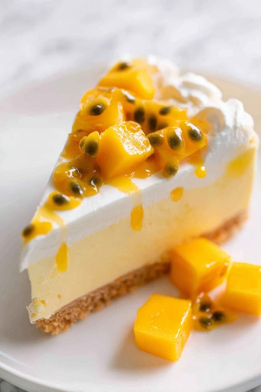 A slice of creamy layered dessert on a white plate, featuring three visible layers: the bottom is a light brown crumbly crust, the middle layer is smooth and pale yellow, and the top is white whipped cream with a fluffy texture. On top, there are bright orange mango cubes and glossy passion fruit seeds with yellow pulp drizzled over the cream. Additional mango cubes are scattered beside the slice on the plate. The background is a white marbled texture. Photo taken with an iphone --ar 2:3 --v 7 - No Bake Mango Cheesecake, mango cheesecake without oven, tropical mango dessert, easy no bake cheesecake, summer mango dessert