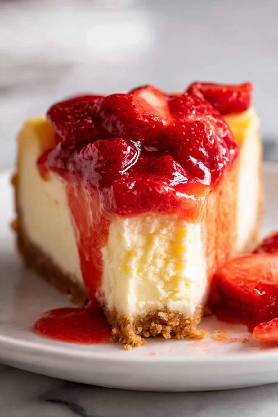 A close-up of a slice of cheesecake on a white plate over a white marbled surface, showing three layers: a light brown crumbly crust at the bottom, a thick creamy yellowish cheese layer in the middle, and a shiny red strawberry topping with whole strawberries dripping red sauce down the sides, some sauce pooling on the plate in front. Photo taken with an iphone --ar 2:3 --v 7 - Strawberry Cheesecake, easy strawberry cheesecake, homemade strawberry cheesecake, light strawberry cheesecake, fresh strawberry cheesecake