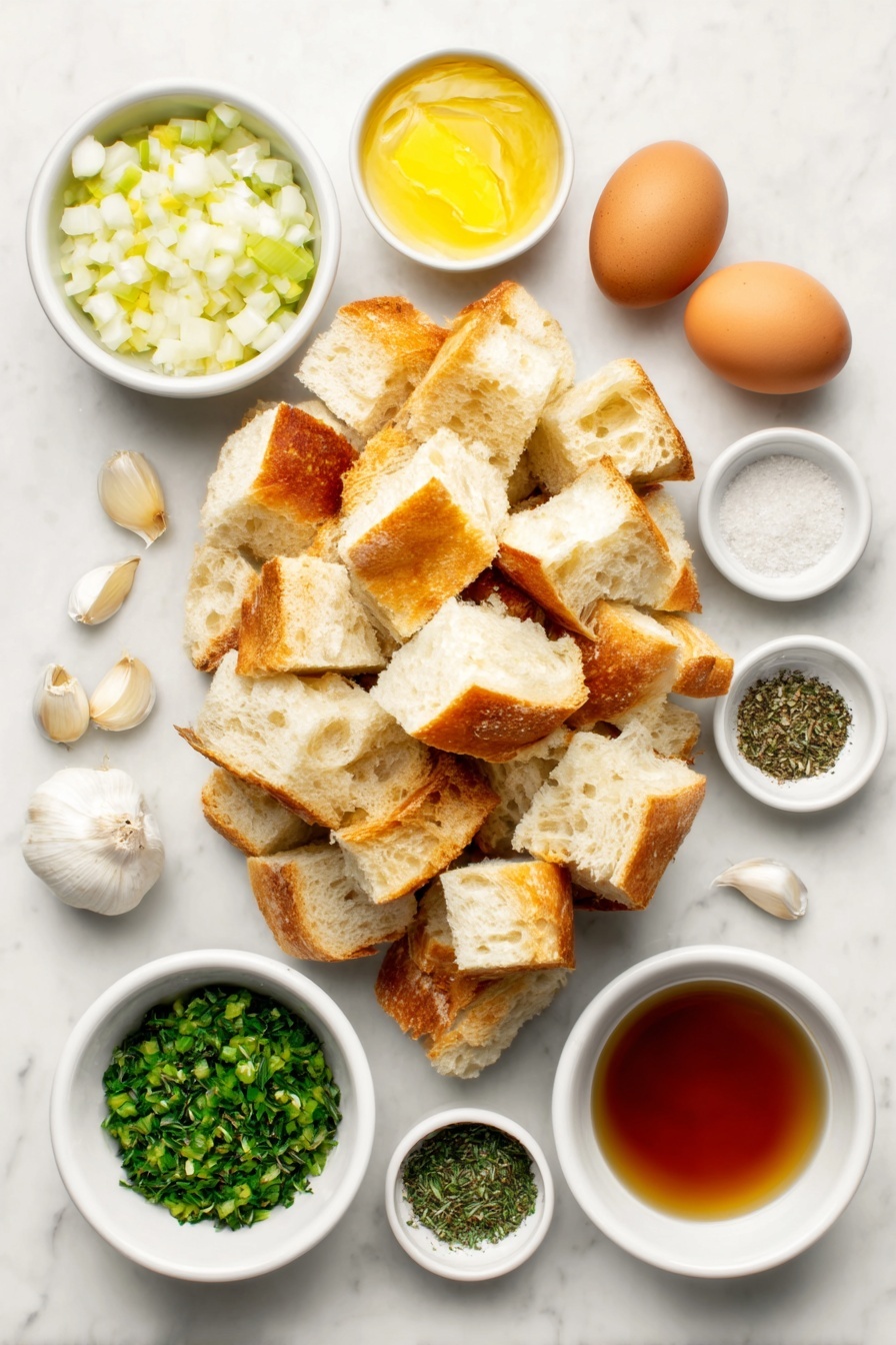 Flat lay of a large pile of mixed sourdough and Italian bread cubes, a small white ceramic bowl filled with golden unsalted butter, a small white ceramic bowl with diced sweet onion, a small white ceramic bowl with diced celery, six whole uncracked garlic cloves, a small white ceramic bowl with coarse kosher salt, a small white ceramic bowl with freshly ground black pepper, a small white ceramic bowl with chopped fresh sage, a small white ceramic bowl with chopped fresh parsley, a small white ceramic bowl with chopped fresh rosemary, a small white ceramic bowl holding amber-colored chicken stock, two whole uncracked large brown eggs, and a small white ceramic bowl with a mixture of fresh herb sprigs for sprinkling, all arranged with perfect symmetry and balanced proportions, placed on a clean white marble surface, soft natural light, photo taken with an iPhone, professional food photography style, fresh ingredients, white ceramic bowls, no bottles, no duplicates, no utensils, no packaging --ar 2:3 --v 7 --p m7354615311229779997 - Buttery Herb Stuffing, Herb stuffing recipe, classic stuffing side, moist baked stuffing, flavorful holiday stuffing