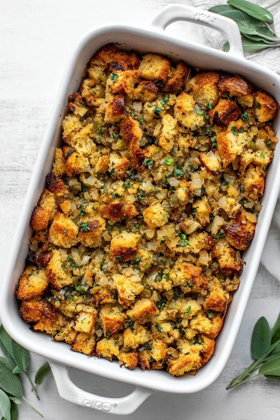 The image shows a white ceramic baking dish filled with a layer of golden brown stuffing. The stuffing has uneven chunks of bread pieces that look slightly crispy on top, scattered with small bits of green herbs and cooked onions mixed in. The dish is placed on a white marbled surface with a few fresh green leaves around it. The stuffing looks warm and textured with some darker crunchy spots on the edges. photo taken with an iphone --ar 2:3 --v 7 - Buttery Herb Stuffing, Herb stuffing recipe, classic stuffing side, moist baked stuffing, flavorful holiday stuffing