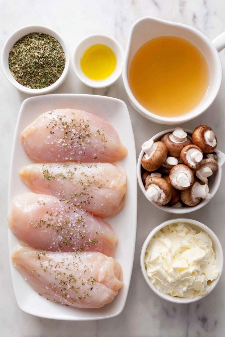 Flat lay of four medium raw chicken breasts seasoned with coarse salt and cracked black pepper, a small pile of mixed dried Italian herbs, three tablespoons of creamy butter in a simple white ceramic dish, two teaspoons of golden olive oil in a small white bowl, a small mound of minced fresh garlic, a neat pile of freshly sliced brown mushrooms, a small white bowl filled with pale golden chicken broth, a small white bowl holding clear pale marsala wine, a small white bowl of heavy cream, a small white bowl with clear cold water, and a small white bowl containing fine white corn starch, all arranged with perfect symmetry and balanced proportions, placed on a clean white marble surface, soft natural light, photo taken with an iPhone, professional food photography style, fresh ingredients, white ceramic bowls, no bottles, no duplicates, no utensils, no packaging --ar 2:3 --v 7 --p m7354615311229779997 - Instant Pot Chicken Marsala, Chicken Marsala dinner, easy chicken marsala, quick instant pot recipes, mushroom marsala chicken