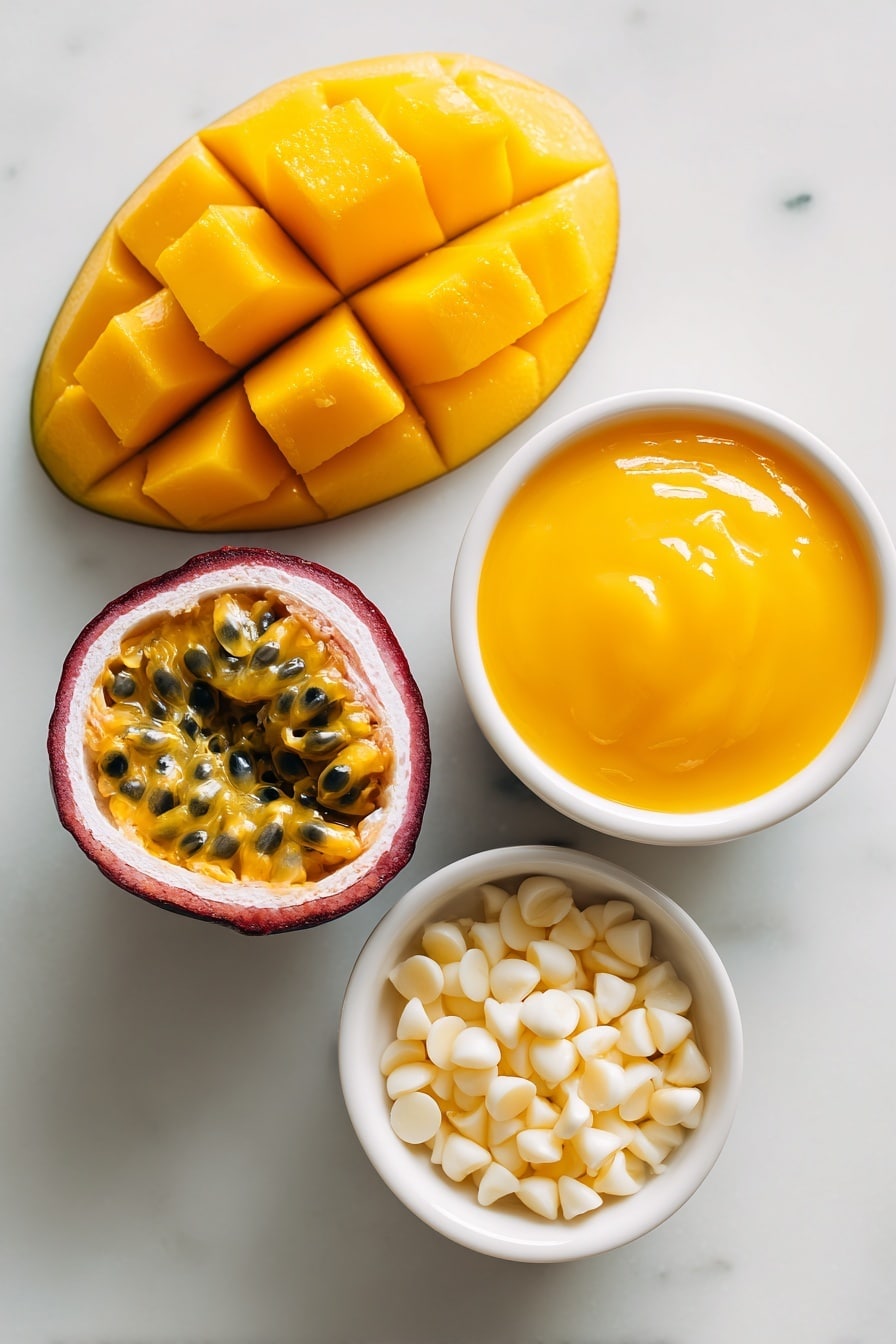Flat lay of fresh ripe mango pieces arranged beside a halved passionfruit with vibrant yellow pulp and black seeds, a small white ceramic bowl filled with smooth mango puree, a small white ceramic bowl holding glossy white chocolate chips, all perfectly spaced in balanced symmetry on a clean white marble surface, soft natural light, photo taken with an iPhone, professional food photography style, fresh ingredients, white ceramic bowls, no bottles, no duplicates, no utensils, no packaging --ar 2:3 --v 7 --p m7354615311229779997 - Mango Passionfruit White Chocolate Cups, tropical fruit dessert, easy white chocolate treats, handmade fruit cups, summer fruit dessert