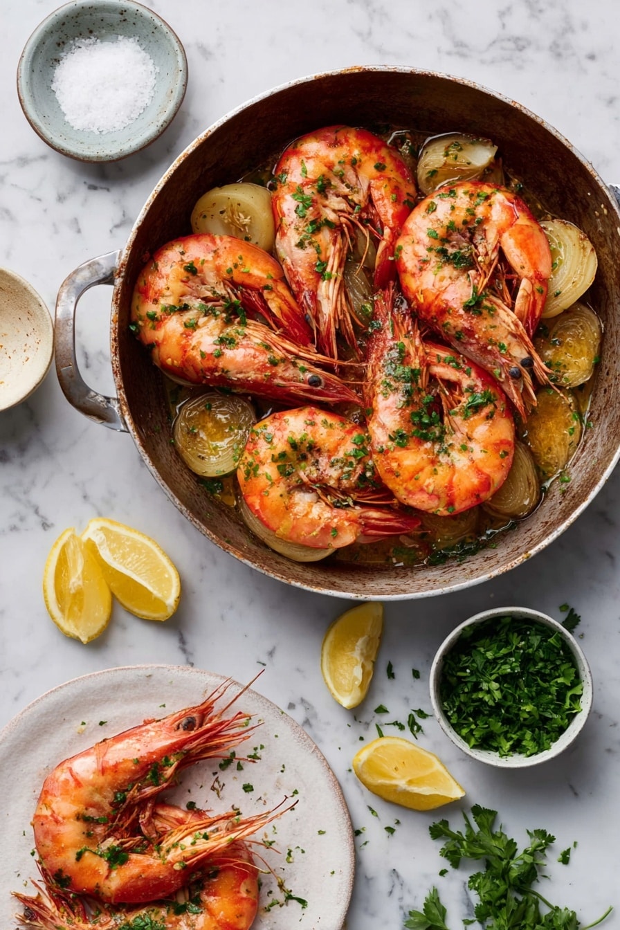 A round pan filled with five large cooked shrimp arranged on top of golden-brown garlic slices with green parsley sprinkled over them, all placed on a white marbled surface. Next to the pan is a small white bowl with salt and a white plate with three shrimp garnished with parsley. There are two lemon wedges on the surface near a small white bowl filled with fresh parsley. The colors are warm and fresh with orange-red shrimp, light golden garlic, bright green parsley, and yellow lemon pieces. Photo taken with an iphone --ar 2:3 --v 7 - Spanish Garlic Shrimp, garlic shrimp recipe, quick seafood dishes, Spanish appetizers, easy shrimp recipes