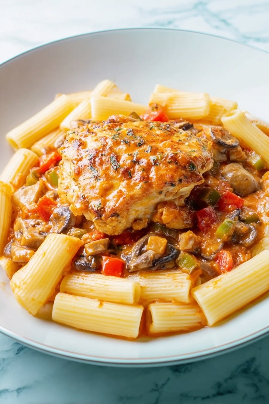 A white plate holds a single layer of rigatoni pasta, pale yellow tubes with ridges, evenly spread in a circle. On top of the pasta is a thick layer of cooked mushrooms and diced red and green bell peppers mixed in a light orange-red sauce with a smooth texture. Centered above this is a large piece of golden brown cooked chicken, covered in the same sauce, with a slightly shiny and textured surface showing some grill marks. The whole dish rests on a white marbled surface. Photo taken with an iphone --ar 2:3 --v 7 - Instant Pot Chicken Cacciatore, Chicken Cacciatore recipe, quick Italian chicken dinner, easy chicken cacciatore, healthy Instant Pot chicken meal