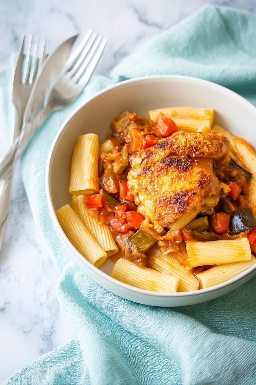 The image shows a white bowl filled with several layers of food. At the bottom, there is a layer of rigatoni pasta, pale yellow with visible ridges, providing a textured base. On top of the pasta, chunks of cooked vegetables, including red bell peppers and darker brown pieces like mushrooms or eggplant, are mixed in a light red-orange sauce that looks slightly thick and glossy. The top layer has a single piece of cooked skin-on chicken, golden brown with a slightly crispy texture and some darker charred spots, covered partially with the sauce and some small vegetable pieces. The bowl sits on a soft light blue cloth, placed on a white marbled surface. A knife and fork rest nearby. Photo taken with an iphone --ar 2:3 --v 7 - Instant Pot Chicken Cacciatore, Chicken Cacciatore recipe, quick Italian chicken dinner, easy chicken cacciatore, healthy Instant Pot chicken meal