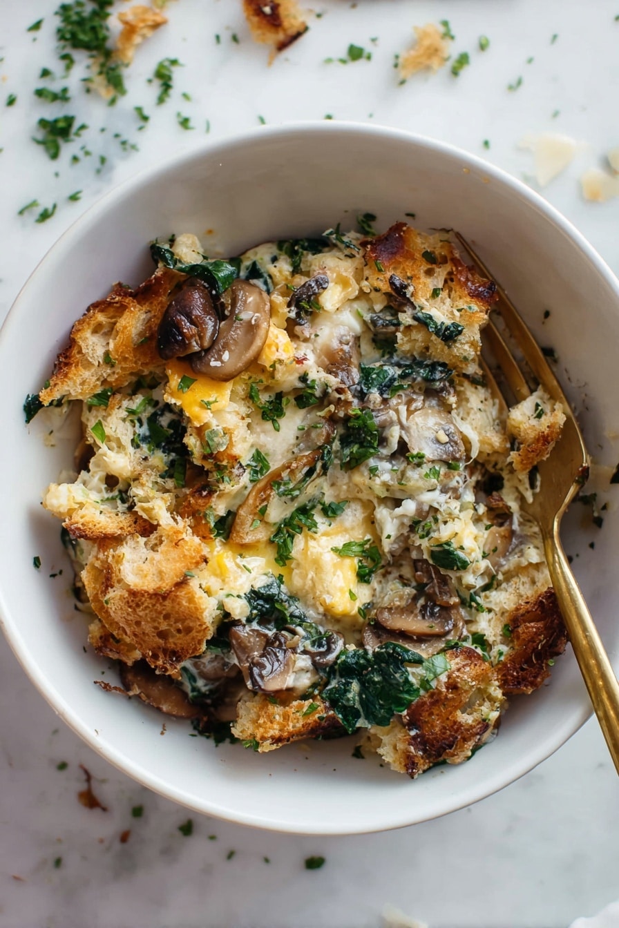 A white bowl filled with a mixed dish showing several layers of different textures. The base layer has golden brown, toasted bread pieces with a crispy texture. Above that, there is a creamy layer with chunks of cooked eggs that are soft and yellowish in color. Scattered through the dish are dark green leafy vegetables, possibly spinach, adding a fresh and slightly wilted texture. Small pieces of browned mushrooms also appear, adding a chewy element. The dish is topped with a sprinkling of finely chopped green herbs for a fresh look. A fork with a golden handle is placed on the edge inside the bowl, resting partly on the food. The dish sits on a white marbled surface with small bits of herbs and crumbs scattered nearby. photo taken with an iphone --ar 2:3 --v 7 - Overnight Croissant Breakfast Casserole, easy brunch casserole, savory breakfast bake, make-ahead breakfast dish, croissant breakfast casserole