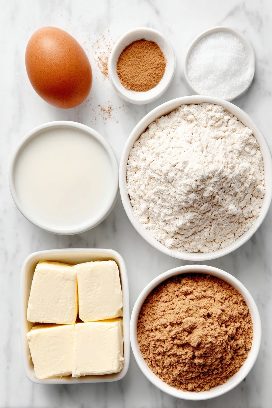 Flat lay of a small mound of all-purpose flour, a small mound of whole wheat flour, a few white granulated sugar crystals scattered next to a tiny pile of pumpkin pie spice powder, a small pinch of salt, a whole brown egg with a clean shell, a small white ceramic bowl of smooth pumpkin puree, a small white ceramic bowl of milk, a small white ceramic bowl of golden vegetable oil, and a small square pat of fresh butter, all arranged symmetrically in simple white ceramic bowls and dishes, placed on a clean white marble surface, soft natural light, photo taken with an iPhone, professional food photography style, fresh ingredients, white ceramic bowls, no bottles, no duplicates, no utensils, no packaging --ar 2:3 --v 7 --p m7354615311229779997 - Pumpkin Spice Waffles, pumpkin spice waffles recipe, fall breakfast waffles, pumpkin waffle ideas, cozy autumn breakfast