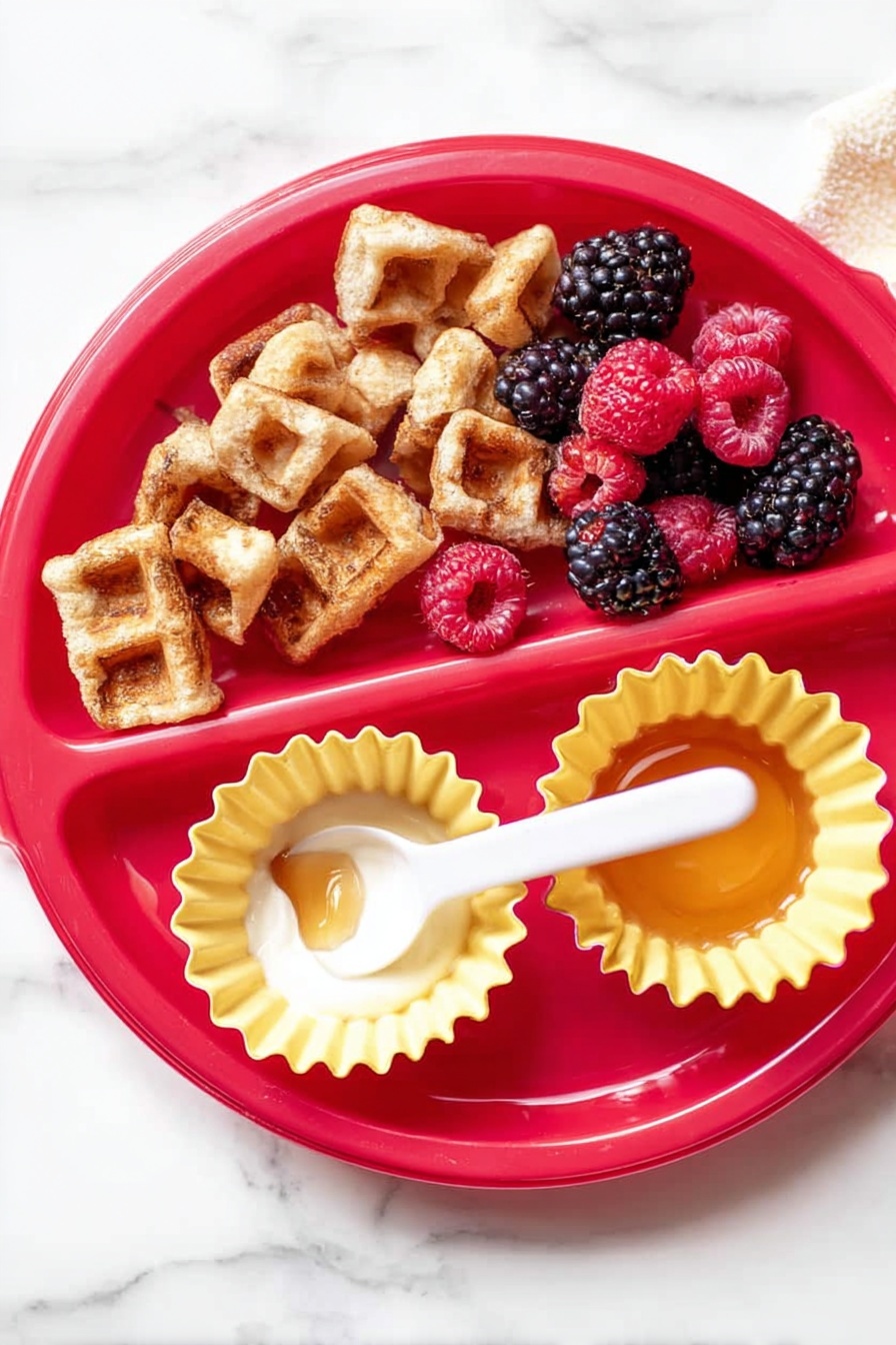 A red round plate with three sections sits on a white marbled surface. The largest section holds broken light brown waffle pieces mixed with fresh dark purple blackberries and bright red raspberries evenly spread. One smaller section contains golden syrup in a yellow cupcake liner, and the other small section has white yogurt topped with a small amount of honey and a white plastic spoon resting inside. The colors are warm and fresh, and the textures show the crumble of the waffles and smoothness of the yogurt and syrup. Photo taken with an iphone --ar 2:3 --v 7 - Pumpkin Spice Waffles, pumpkin spice waffles recipe, fall breakfast waffles, pumpkin waffle ideas, cozy autumn breakfast