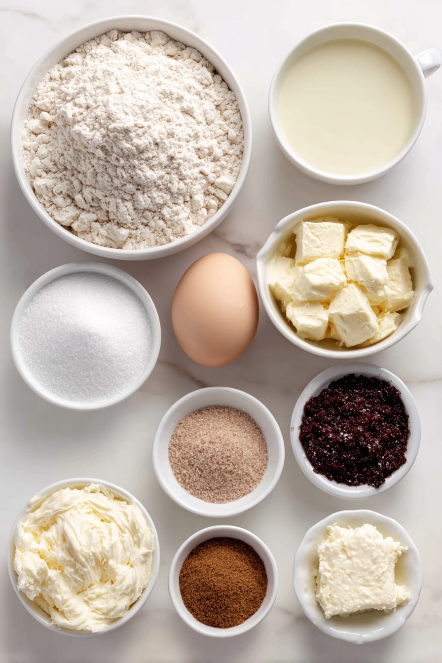 Flat lay of active dry yeast granules scattered beside a small mound of all-purpose flour, a small white bowl with warm water, a small white bowl filled with granulated sugar, another with light brown sugar, a small pile of ground cinnamon, a whole large egg with a clean shell, a small white bowl holding melted unsalted butter, a small bowl with vanilla extract, bright freshly grated orange zest, a neat pile of dark brown sugar, ground ginger, ground allspice, ground nutmeg, ground cloves, ground cardamom, a small pinch of salt, a small white bowl of whole milk, a small white bowl of unsalted butter at room temperature, a small white bowl with full-fat cream cheese at room temperature, a small white bowl with molasses, and a small white bowl of sifted confectioners’ sugar— all arranged symmetrically on a clean white ceramic surface, placed on a clean white marble surface, soft natural light, photo taken with an iPhone, professional food photography style, fresh ingredients, white ceramic bowls, no bottles, no duplicates, no utensils, no packaging --ar 2:3 --v 7 --p m7354615311229779997 - Gingerbread Cinnamon Rolls with Cream Cheese Frosting, festive cinnamon rolls, holiday breakfast recipes, gingerbread desserts, holiday cinnamon roll recipe
