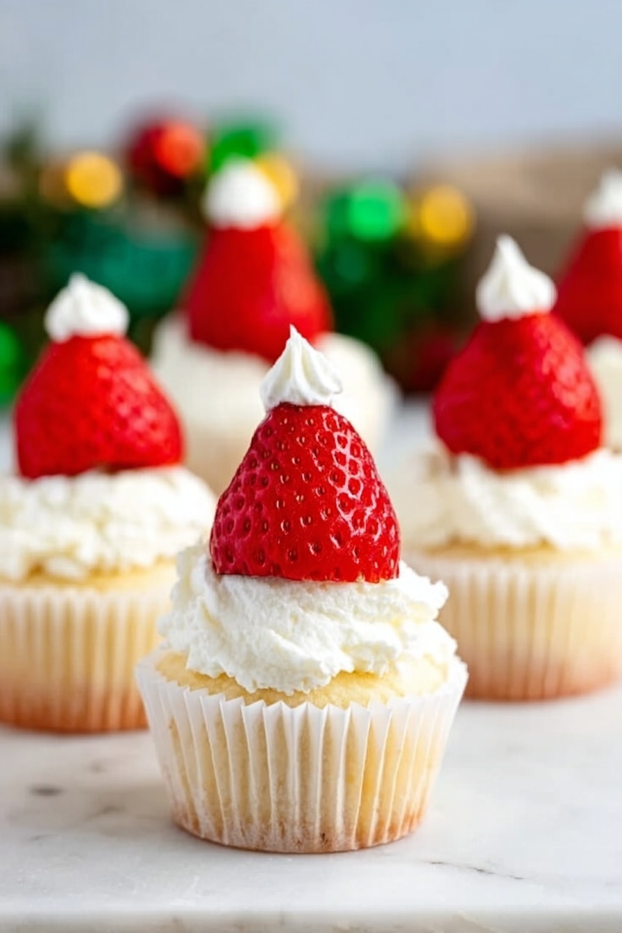 The image shows several small cupcakes placed on a white marbled surface. Each cupcake has a white paper liner with a light, fluffy cream layer on top. A bright red, whole strawberry stands upright on each cupcake, topped with a small dollop of white cream. The background is softly blurred with hints of green and yellow, making the cupcakes the clear focus. photo taken with an iphone --ar 2:3 --v 7 - Festive Santa Hat Mini Cheesecakes, holiday cheesecakes, mini cheesecake recipe, Christmas dessert ideas, festive holiday treats