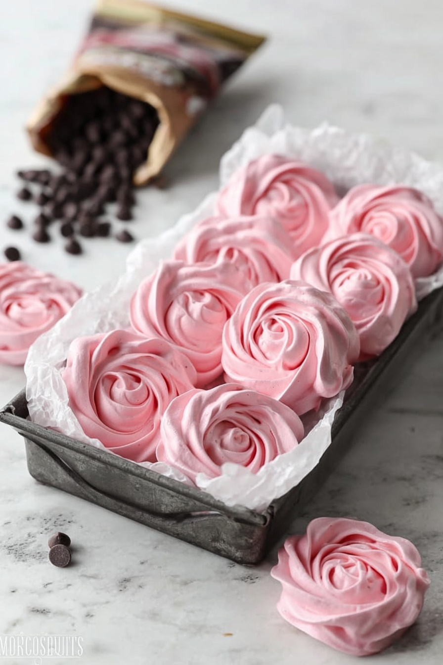 A dark metal tray filled with eight pink meringue cookies shaped like roses, showing soft swirls and a light, airy texture. The tray sits on white crumpled wax paper, which rests on a white marbled surface. Two more pink meringue roses are placed next to the tray on the surface. In the background, an open bag of dark chocolate chips is spilling some chips onto the white marbled surface. The colors are soft and pastel, with a focus on the pink meringues and dark chocolate chips. photo taken with an iphone --ar 2:3 --v 7 - Raspberry Meringue Sandwiches with Chocolate Ganache, raspberry meringue dessert, chocolate ganache treats, elegant berry pastry, easy meringue sandwich recipe