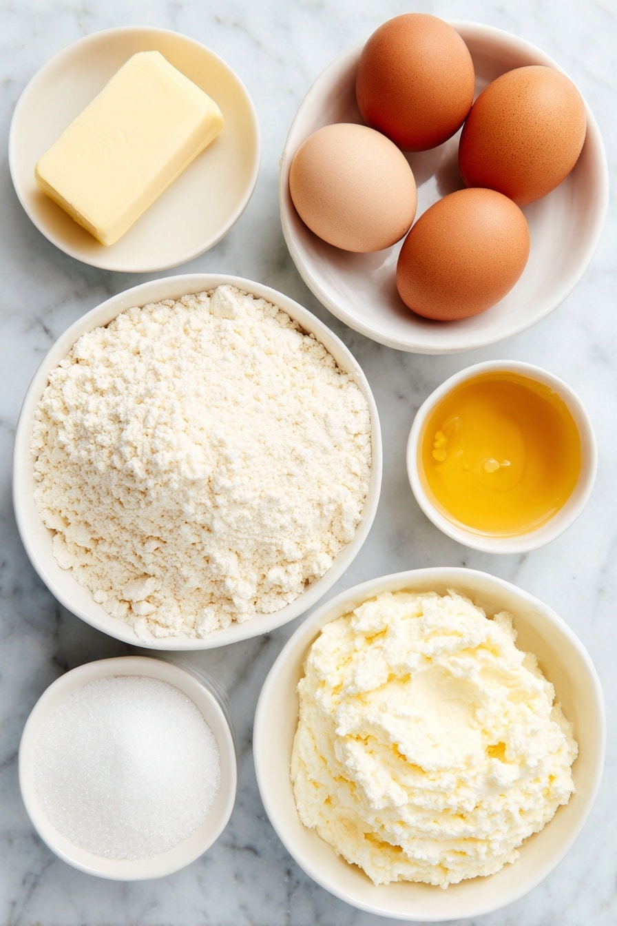 Flat lay of a stick of unsalted butter, a small mound of white cake flour, a small white ceramic bowl holding white granulated sugar, another small white bowl with creamy whole-milk ricotta cheese, three whole brown eggs with clean shells, a small white bowl with golden amaretto liqueur, a fresh orange with a section of bright orange zest beside it, a small white bowl containing pure vanilla extract, a pinch of coarse kosher salt and a small pile of white baking powder, all arranged symmetrically and balanced on a clean white marble surface, soft natural light, photo taken with an iPhone, professional food photography style, fresh ingredients, white ceramic bowls, no bottles, no duplicates, no utensils, no packaging --ar 2:3 --v 7 --p m7354615311229779997 - Orange Ricotta Pound Cake, citrus pound cake with ricotta, easy orange cake recipe, moist lemon ricotta cake, bright citrus pound cake