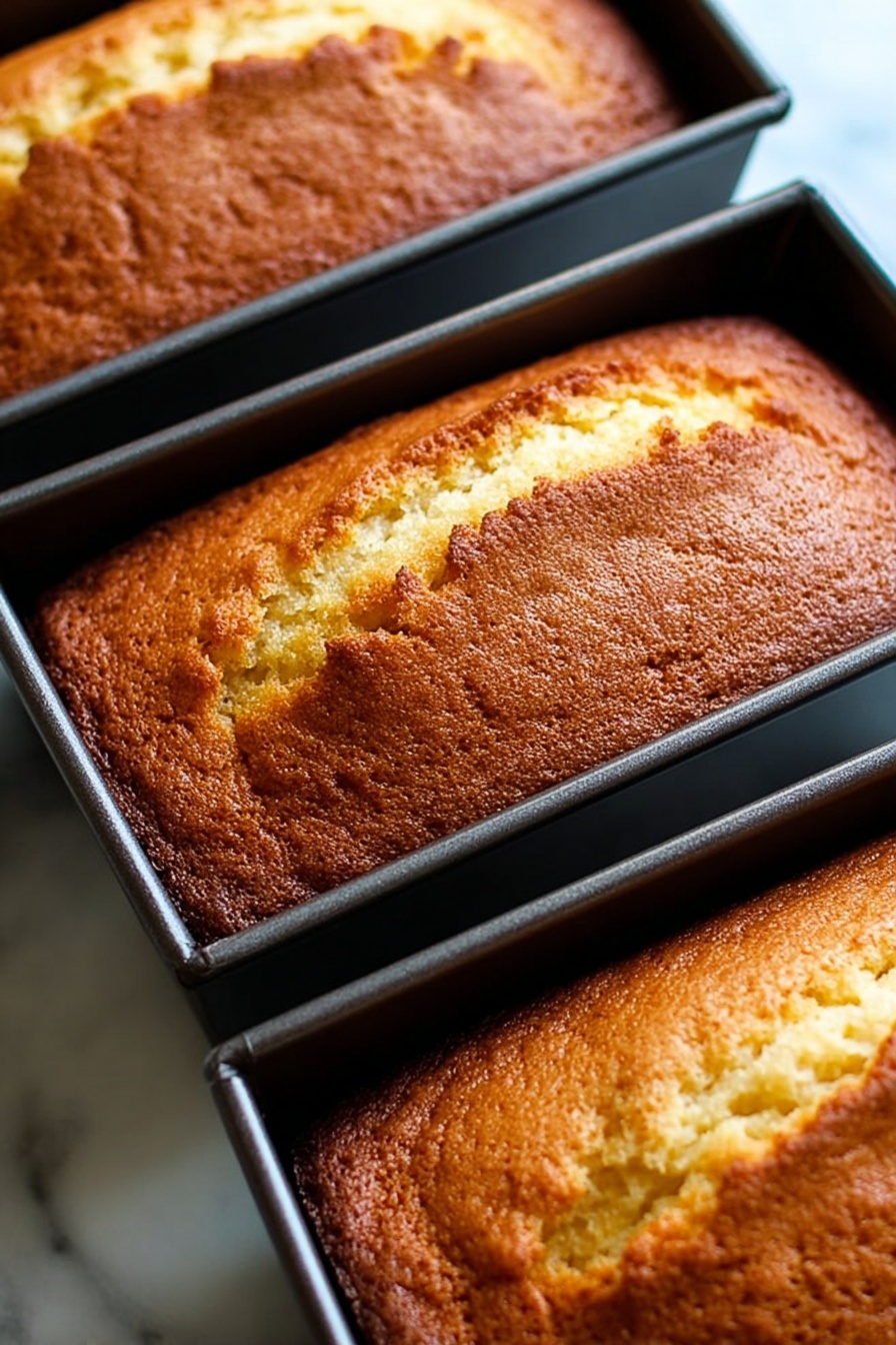 The image shows three golden brown rectangular loaves of cake freshly baked in dark metal pans. Each loaf has a crisp, slightly cracked top with a textured surface and hints of a light, moist crumb beneath. The cakes have a warm, inviting color that ranges from deep amber at the edges to a soft yellow in the center. The pans are closely placed side by side on a white marbled surface. Photo taken with an iphone --ar 2:3 --v 7 - Orange Ricotta Pound Cake, citrus pound cake with ricotta, easy orange cake recipe, moist lemon ricotta cake, bright citrus pound cake