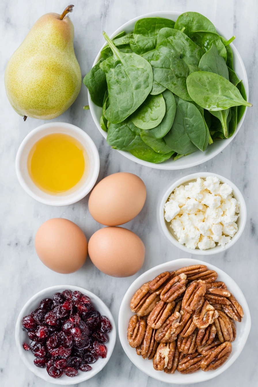 Flat lay of fresh baby spinach leaves arranged naturally, a ripe Bartlett pear sliced thinly, a small mound of vibrant red pomegranate arils, a scattering of deep red dried cranberries, a small pile of golden toasted pecans, a modest heap of crumbly white feta cheese, whole uncracked brown eggs, a small white ceramic bowl filled with golden olive oil, another small white bowl containing glossy maple syrup, a small white bowl holding amber apple cider vinegar, a tiny white bowl with smooth Dijon mustard, and a pinch of coarse salt and cracked black pepper artfully placed in a small white bowl, all evenly spaced and balanced with perfect symmetry, placed on a clean white marble surface, soft natural light, photo taken with an iPhone, professional food photography style, fresh ingredients, white ceramic bowls, no bottles, no duplicates, no utensils, no packaging --ar 2:3 --v 7 --p m7354615311229779997 - Christmas Wreath Salad with Pomegranate and Pear, festive holiday salad, easy Christmas salad recipe, fruit and feta holiday salad, wreath-shaped salad