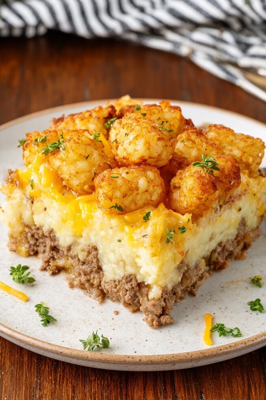 A square piece of a layered casserole sits on a white plate with a slight texture. The bottom layer is a light brown cooked ground meat, slightly crumbly. Above it is a thick, creamy middle layer of pale yellow mashed potatoes. The top layer is made of golden brown, crispy tater tots, with some shredded melted cheese scattered around. Fresh, small green herb pieces are sprinkled on top and a few on the plate. The plate is on a wooden surface with a black and white striped cloth in the background. Photo taken with an iphone --ar 2:3 --v 7 - Tater Tot Breakfast Casserole, breakfast casserole with tater tots, easy breakfast casserole recipe, savory breakfast bake, weekend breakfast ideas