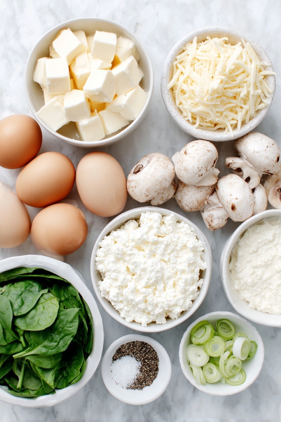 Flat lay of a small white ceramic bowl of unsalted butter cubes, a medium yellow onion halved and chopped, a small white ceramic bowl of sliced white mushrooms, a small pile of fresh bright green baby spinach leaves, two whole uncracked garlic cloves, six whole brown eggs with clean shells, a small white ceramic bowl of creamy white cottage cheese, a small white ceramic bowl of shredded sharp cheddar cheese in rich orange color, three fresh green onions sliced, a small white ceramic bowl of coarse kosher salt crystals, and a small white ceramic bowl of ground black pepper, all arranged with perfect symmetry and realistic proportions, placed on a clean white marble surface, soft natural light, photo taken with an iPhone, professional food photography style, fresh ingredients, white ceramic bowls, no bottles, no duplicates, no utensils, no packaging --ar 2:3 --v 7 --p m7354615311229779997 - Spinach Mushroom Breakfast Casserole, healthy breakfast casserole, easy spinach egg bake, breakfast meal prep casserole, veggie breakfast bake