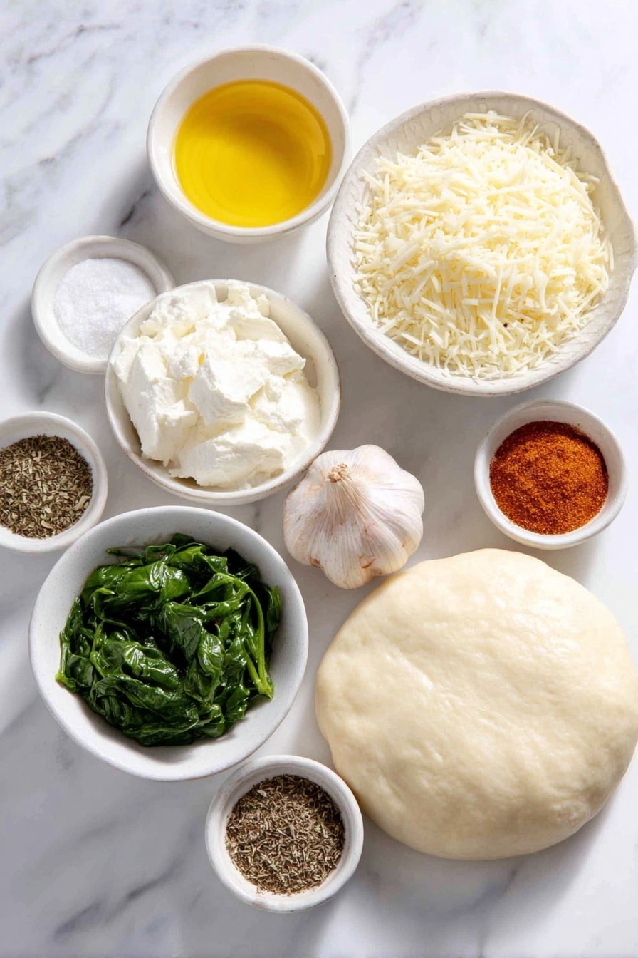 Flat lay of a small white ceramic bowl of thawed chopped spinach, a small white ceramic bowl with softened cream cheese, two whole uncracked brown garlic bulbs, a small white ceramic bowl of coarse salt, a small white ceramic bowl with onion powder, a small white ceramic bowl with chili powder, a small white ceramic bowl with black pepper, a small white ceramic bowl of mixed Italian seasoning herbs, a small white ceramic bowl of grated parmesan cheese, a small white ceramic bowl of grated mozzarella cheese, a round unwrapped pizza dough crust, a small white ceramic bowl holding melted butter, placed on a clean white marble surface, soft natural light, photo taken with an iPhone, professional food photography style, fresh ingredients, white ceramic bowls, no bottles, no duplicates, no utensils, no packaging --ar 2:3 --v 7 --p m7354615311229779997 - Christmas Tree Spinach Dip Breadsticks, festive spinach dip breadsticks, holiday appetizer recipes, cheesy spinach breadsticks, Christmas party snacks