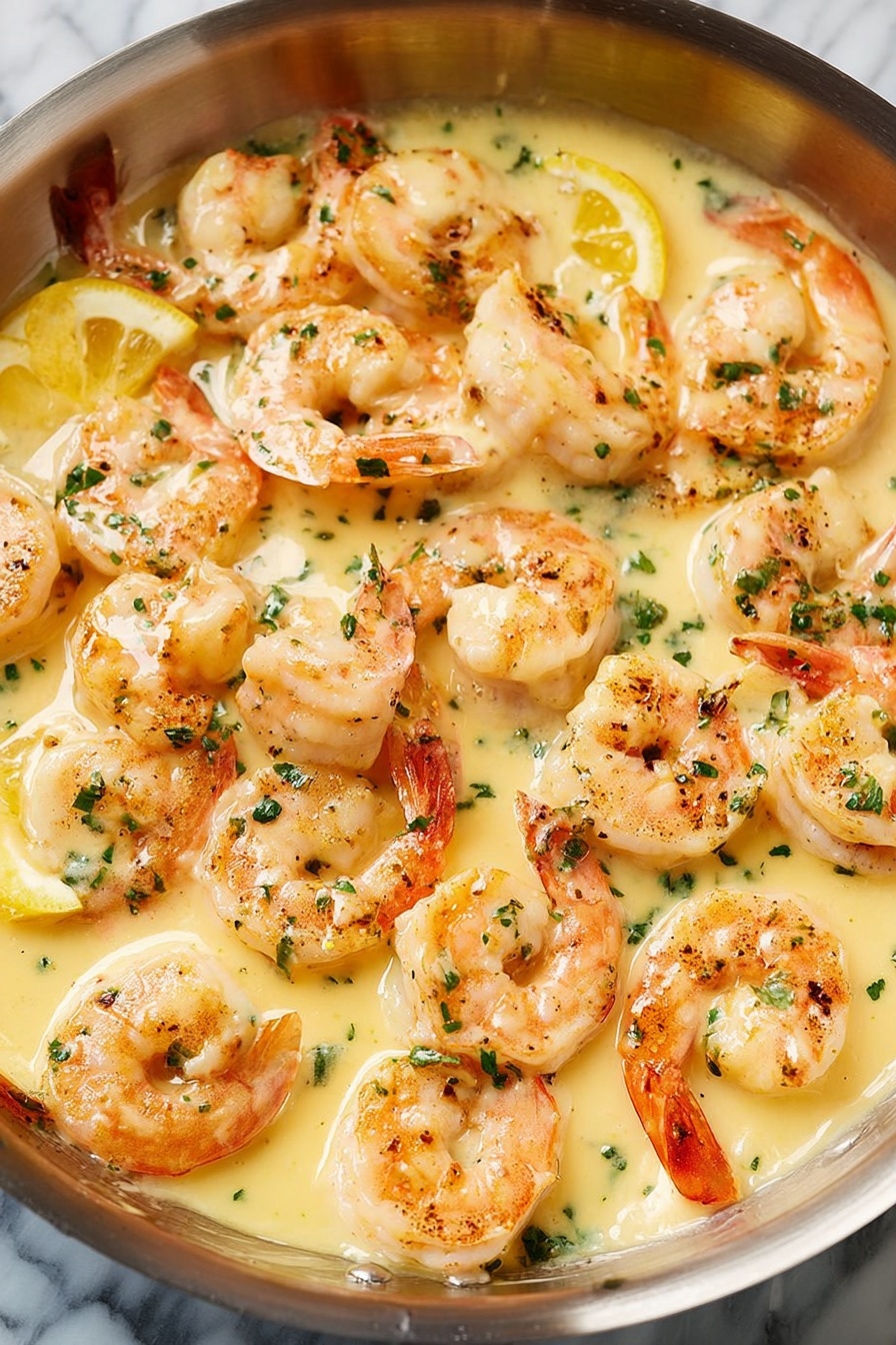 The image shows a close-up of cooked shrimp in a creamy yellow sauce, all together in a metal pan. The shrimp are orange-pink with some light grill marks, and each shrimp is curved into a C shape. The sauce looks smooth and thick, covering the shrimp almost fully, with small green herb pieces sprinkled evenly on top. At the edges, a few thin lemon slices peek through the sauce, adding a hint of bright yellow. The background around the pan is a white marbled texture. photo taken with an iphone --ar 2:3 --v 7 - Easy Shrimp Scampi, shrimp scampi recipe, quick seafood dinner, garlic shrimp pasta, lemon butter shrimp