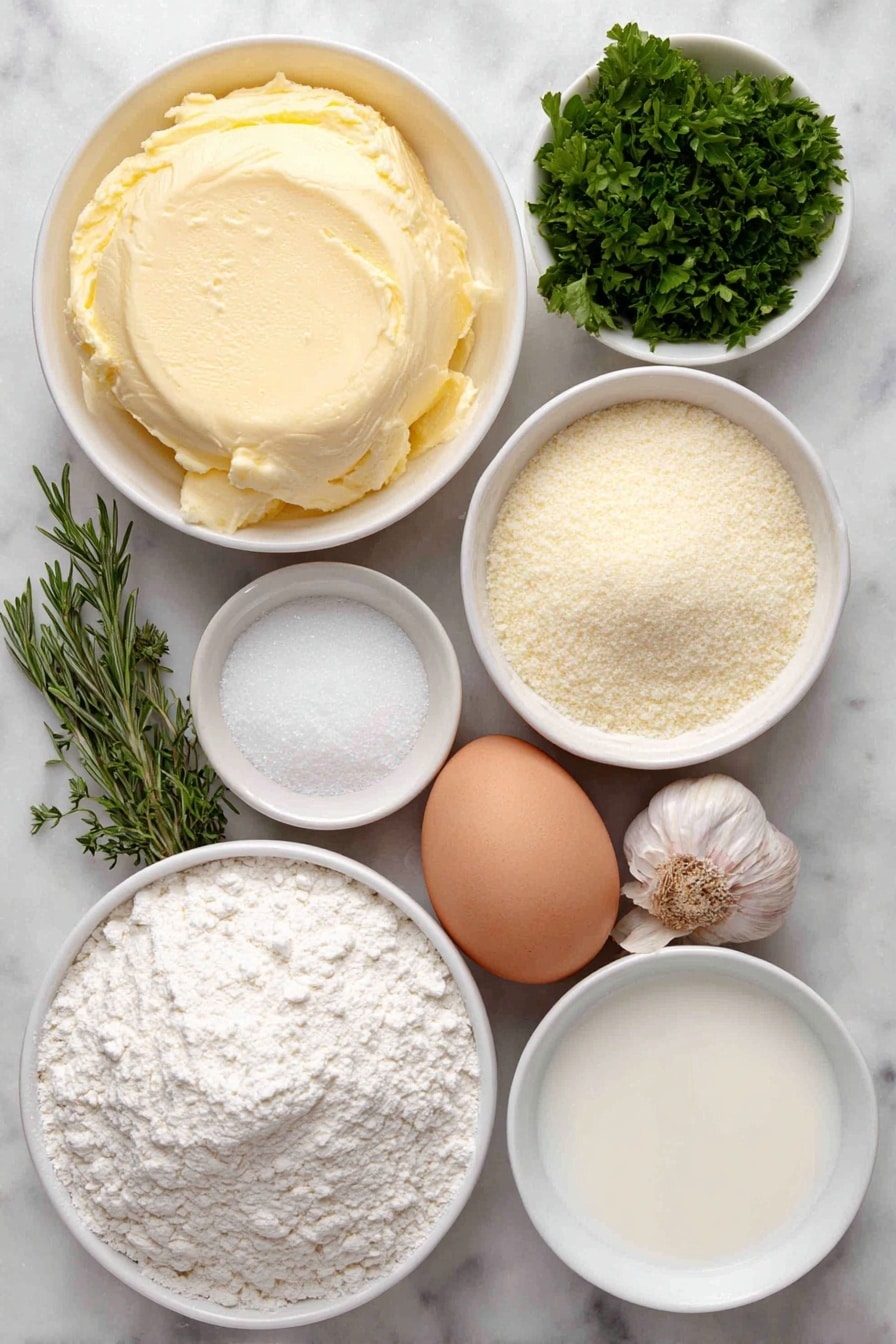 Flat lay of a small white ceramic bowl of creamy yellow butter, a small white ceramic bowl of whole milk, a small white ceramic bowl of clear water, a neat mound of white all-purpose flour dusted lightly with extra flour, a small white ceramic bowl of light tan instant potato flakes, a small white ceramic bowl of fine granulated sugar, a small white ceramic bowl of fine salt, a small white ceramic bowl of pale garlic powder, a few sprigs of fresh green rosemary, a small bunch of fresh chopped bright green parsley, one large whole egg with a clean shell, and two whole garlic cloves placed on a clean white marble surface, soft natural light, photo taken with an iPhone, professional food photography style, fresh ingredients, white ceramic bowls, no bottles, no duplicates, no utensils, no packaging --ar 2:3 --v 7 --p m7354615311229779997 - Garlic Herb Soft Dinner Rolls, homemade dinner rolls, easy bread recipes, fluffy garlic rolls, buttery herb dinner buns