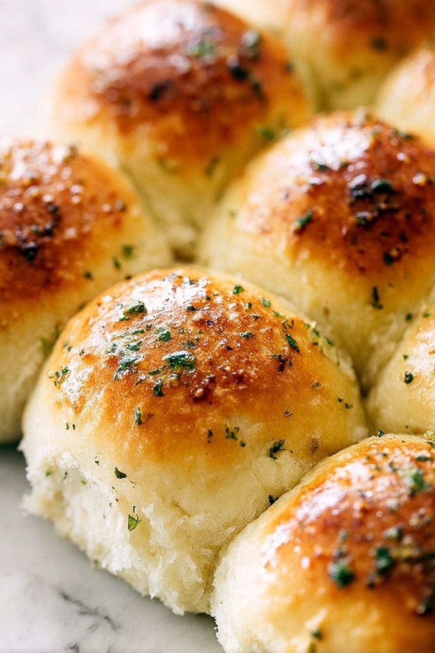 The image shows a close-up view of soft baked bread rolls arranged tightly together in one layer. Each roll has a round shape with a golden brown top that looks shiny and slightly crisp, sprinkled with small bits of green herbs. The sides of the rolls are pale and fluffy with a light texture visible. The rolls are placed on a surface with a white marbled texture that contrasts softly with the warm tones of the bread. photo taken with an iphone --ar 2:3 --v 7 - Garlic Herb Soft Dinner Rolls, homemade dinner rolls, easy bread recipes, fluffy garlic rolls, buttery herb dinner buns